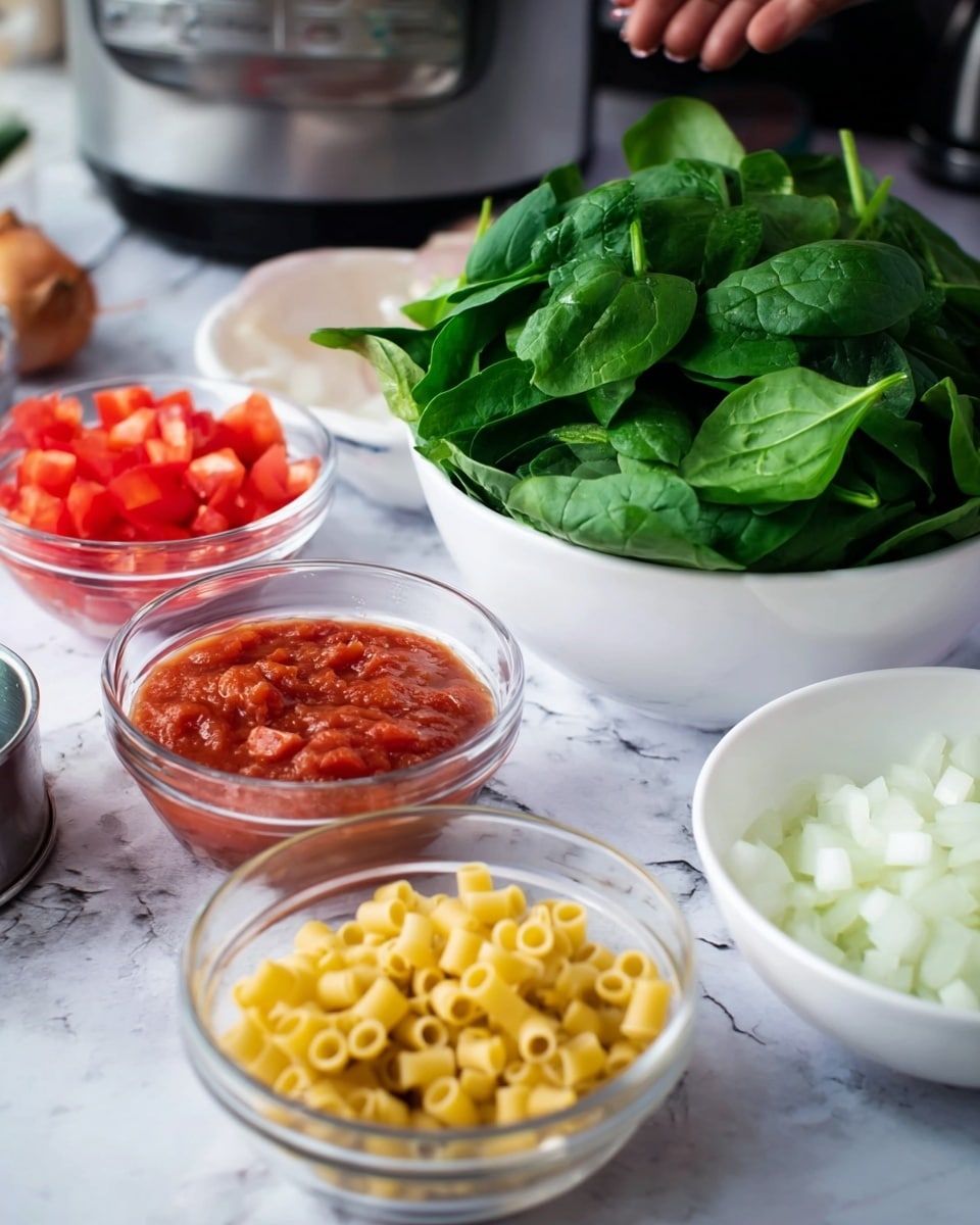 The image shows five different food ingredients on a white marbled surface. On the left side, there is a white bowl full of bright green fresh spinach leaves, piled high. Behind it, there is a small clear glass bowl with red diced tomatoes. In front, there is a clear glass bowl containing chunky red tomato sauce with pieces visible. Next to the spinach, a metal measuring cup is full of small yellow dry pasta pieces shaped like tiny rings. On the right side, there is a white bowl filled with chopped white onions with a slightly translucent look. In the background, a woman’s hand is about to reach one of the ingredients, with a kitchen appliance partially visible behind. Photo taken with an iphone --ar 4:5 --v 7