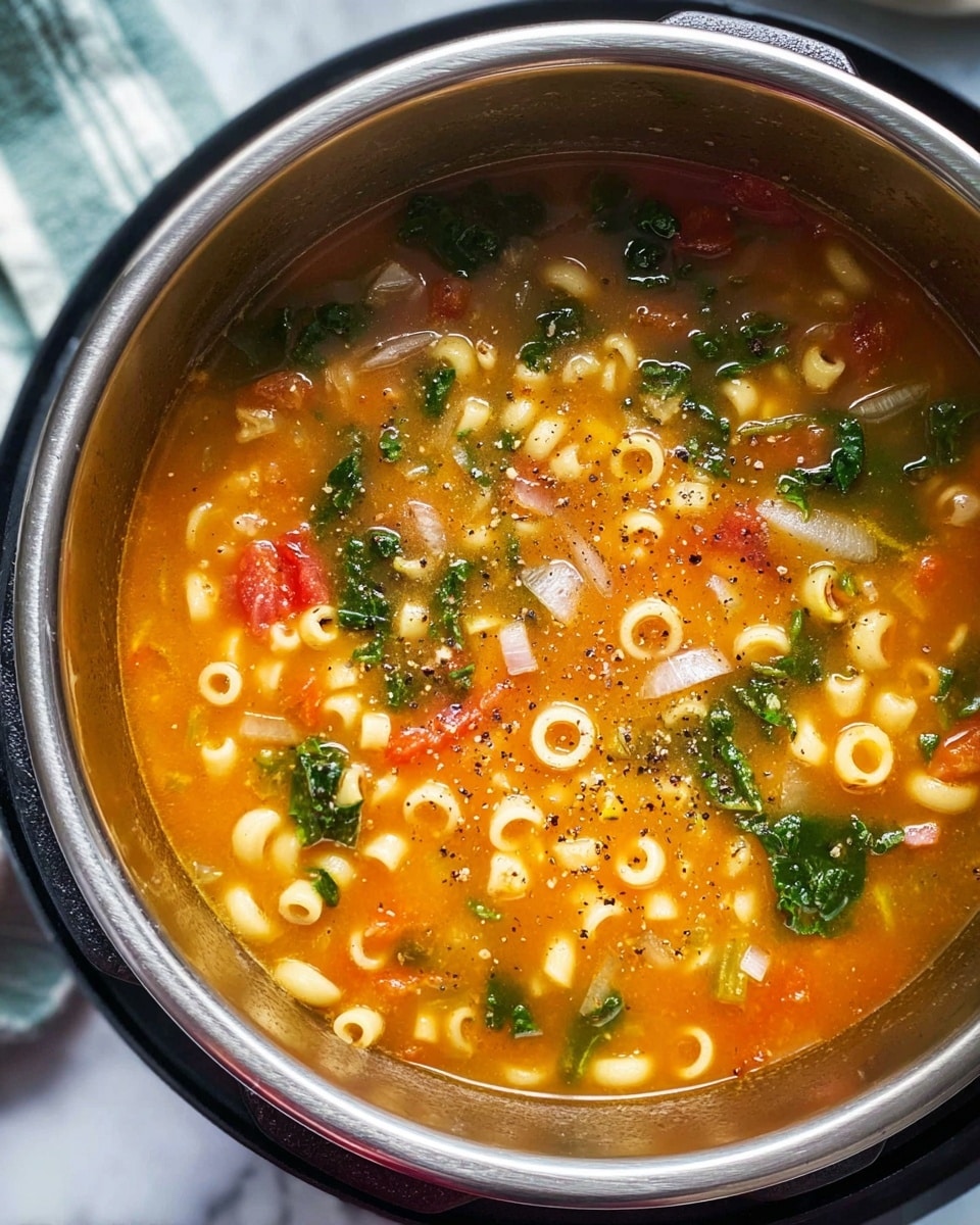 A close-up view of a pot filled with soup, showing a liquid orange broth base with small ring pasta floating throughout. There are chopped white onion pieces spread evenly, green leafy vegetables scattered on top, and small bits of red tomato adding color. The soup is sprinkled with coarse black pepper, giving texture and contrast. The metal pot is set on a white marbled surface with folded cloths in the background. photo taken with an iphone --ar 4:5 --v 7