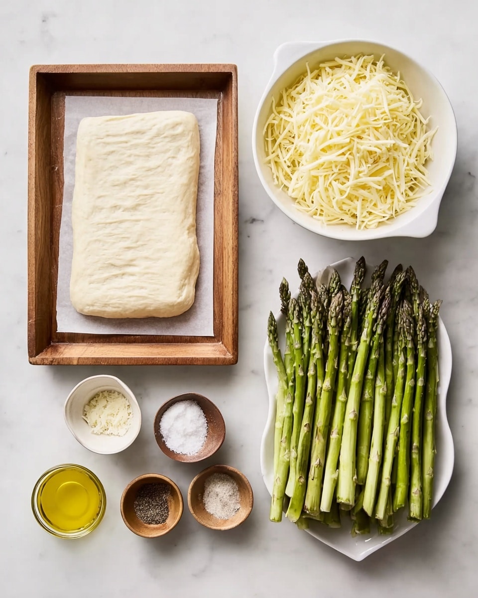 The image shows an arrangement of raw ingredients on a white marbled surface. On the left side, there is a white rectangular sheet of dough placed on a wooden tray. To its right, there is a white bowl filled with shredded cheese that is light yellow in color. Below the bowl, four small containers hold different ingredients: a small bowl with white flour, a tiny glass container with yellow oil, and two small wooden bowls containing white salt and dark black pepper. On the far right, a white dish shaped like a leaf is filled with fresh green asparagus spears, neatly stacked in two layers with the tips facing upward. photo taken with an iphone --ar 4:5 --v 7