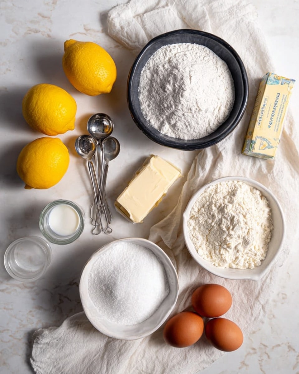 The image shows a white marbled surface with several baking ingredients neatly arranged. From left to right, three bright yellow lemons are on the left side. Behind the lemons is a white bowl filled with white sugar. Next to the sugar, there is a set of silver measuring spoons. Above these spoons, a black bowl holds white flour with a silver measuring cup inserted. To the right of the flour, a small glass holds a little bit of clear liquid, and next to it is a stick of butter in a light yellow wrapper. Below the butter and glass is a small glass cup with a small amount of milk. To the right of this, a white bowl is filled with powdered sugar. Near the bottom right, three brown eggs are resting on a soft white cloth. The overall colors are light and soft, with the ingredients standing out against the white marbled surface photo taken with an iphone --ar 4:5 --v 7