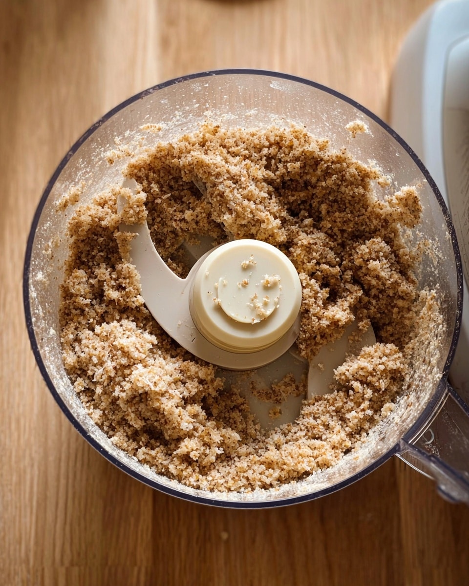 The image shows a clear food processor bowl with finely ground almond meal inside, slightly clumping around the cream-colored central blade attachment. The almond meal is light brown with small darker specks and has a grainy, crumbly texture. The background is a light wooden surface. photo taken with an iphone --ar 4:5 --v 7