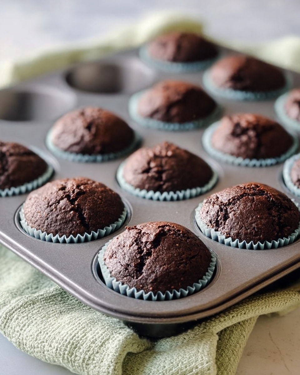 There are nine chocolate muffins in a gray metal muffin tray, each muffin sitting in a light blue paper liner. The muffins are dark brown with a slightly cracked top, showing a rough and moist texture. The muffin tray is resting on a light green kitchen towel with a soft, woven texture. The background is a white marbled surface. photo taken with an iphone --ar 4:5 --v 7