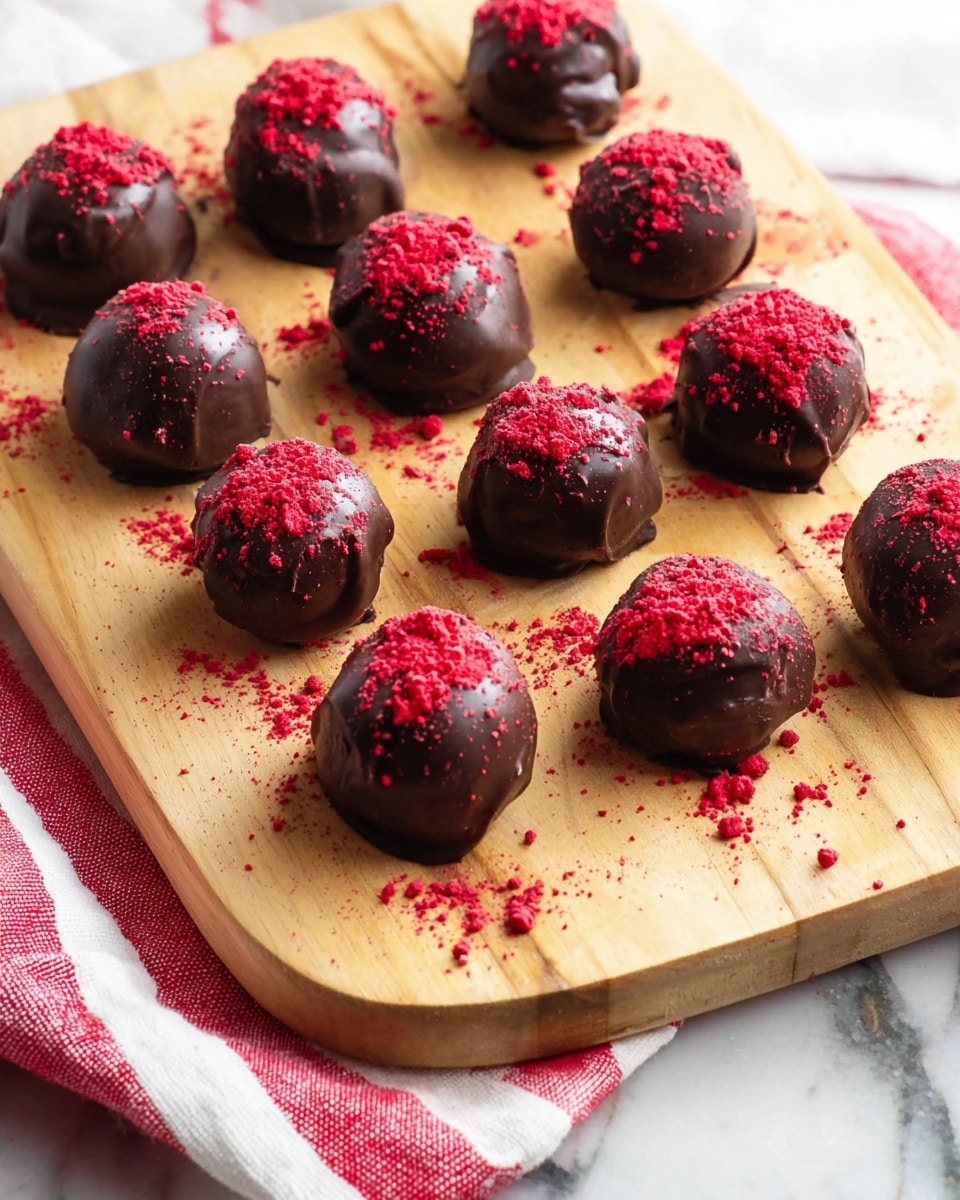 There are twelve small round chocolate balls on a light wooden cutting board. Each chocolate ball is covered in dark, shiny chocolate and topped with a sprinkle of bright red powder. The chocolate coating looks smooth with slight unevenness, and the red powder is scattered around the balls as well. The cutting board is placed on a white marbled surface with a red and white striped cloth partly visible at the bottom. photo taken with an iphone --ar 4:5 --v 7