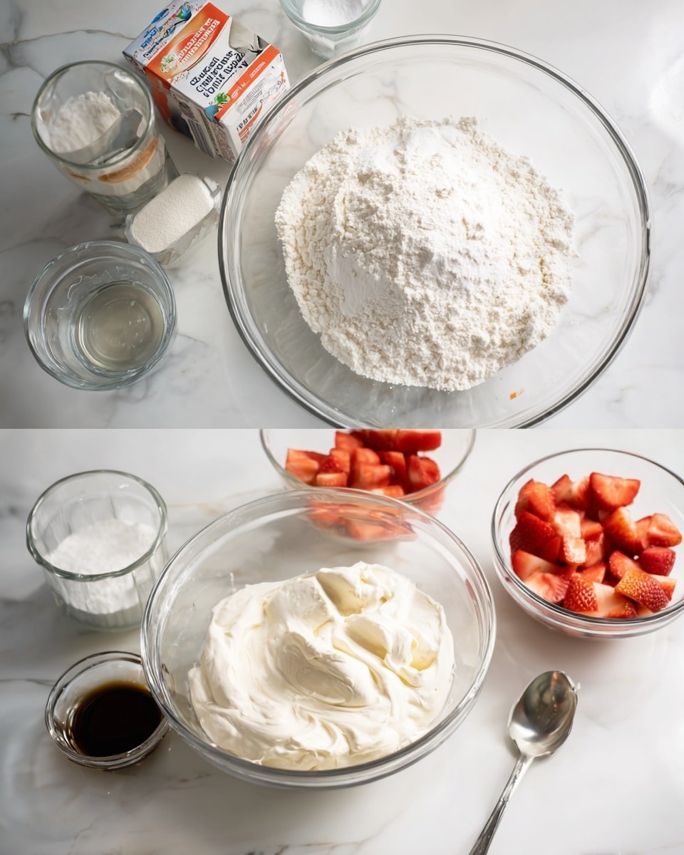 The image shows two scenes of baking ingredients on a white marbled surface. The top part has a large clear glass bowl filled with white flour and a pile of baking soda in the center, with a measuring cup of water, a box of baking soda, and a carton of Earth Balance next to it. Below, there is a medium clear glass bowl with white sugar, a small container of sliced strawberries, and a large clear glass bowl containing thick white cream with a silver spoon inside. A small glass jar with some vanilla extract is also visible near the bowls. photo taken with an iphone --ar 4:5 --v 7