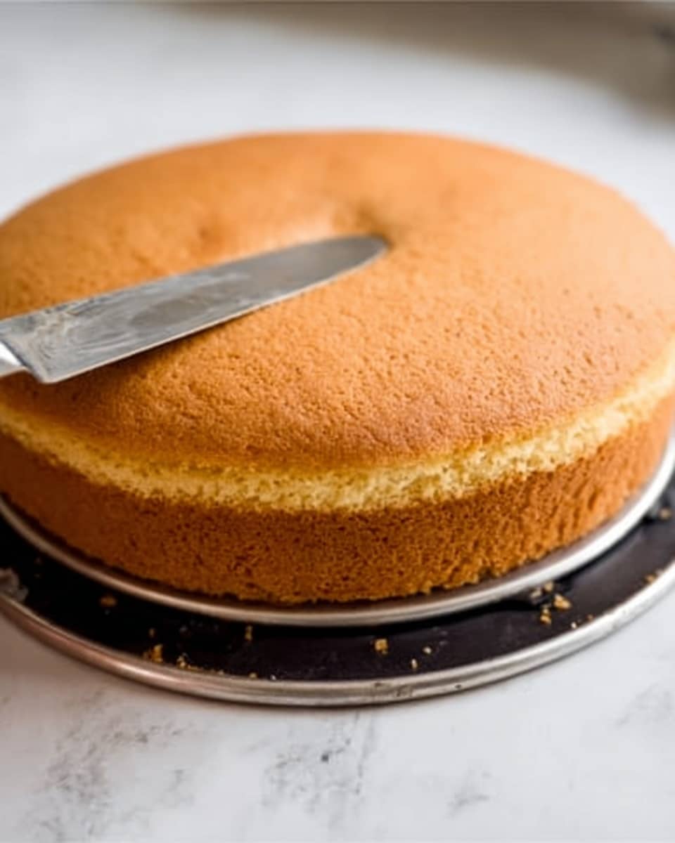 A golden brown, round cake with a smooth and slightly domed top is shown resting on a black metal cake ring. The cake appears to have a soft, spongy texture with even color throughout. A silver knife is inserted horizontally underneath the cake, ready to slice it. The cake is placed on a white marbled surface. photo taken with an iphone --ar 4:5 --v 7