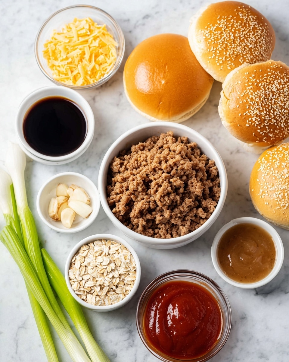 The image shows several ingredients arranged on a white marbled surface. There are four burger buns, two topped with sesame seeds and two plain, with a shiny golden-brown color. Next to the buns, a white bowl is filled with crumbled cooked ground meat. Surrounding this are small white bowls and a clear glass bowl holding different ingredients: a dark brown sauce, light beige brown sugar, red ketchup, a brown honey-like liquid, oats mixed with fine crumbs, and a small bowl of minced garlic. Three green onions lie diagonally at the bottom left of the image. Photo taken with an iphone --ar 4:5 --v 7