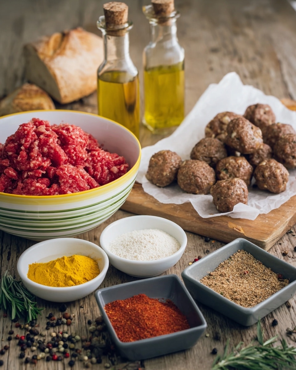 The image shows a close-up of raw food ingredients on a wooden surface, with a white marbled texture added in the background. There is a large white bowl with thin green stripes and a yellow rim filled with bright red ground meat on the left side. To the right, there are clusters of brown meatballs resting on parchment paper atop a wooden board. In front of the meatballs, there are three small white bowls: one filled with yellow powder, one with white flour, and a square gray dish divided into two sections with red spice on the left and coarse brown spice on the right. Behind the bowls, two glass bottles with cork tops hold yellow olive oil, and a loaf of bread with a cracked crust is partly visible. Scattered herbs and peppercorns are also arranged around the bowls and board. photo taken with an iphone --ar 4:5 --v 7