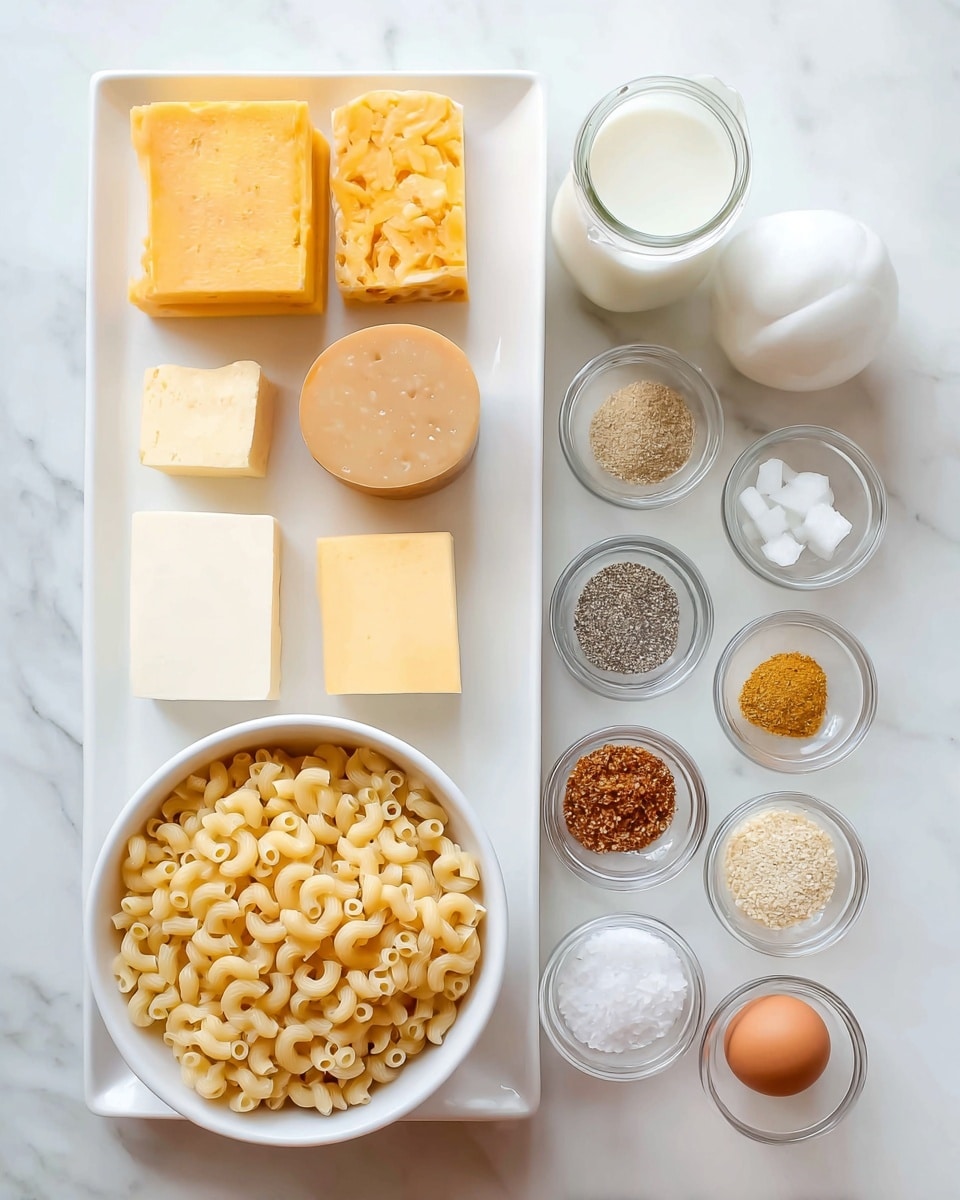 A white rectangular plate holds five different blocks of cheese arranged in layers: a yellow block in the top left, a round light brown block in the center, a square tan block in the top right, a white rectangular block in the bottom left, and a marbled white and orange rectangular block in the bottom right. Below the plate, a large white bowl is filled with dry elbow macaroni pasta. Next to it is a small jar filled with white liquid, a small white bowl with white butter chunks, and a small glass bowl containing coarse salt. In front of these are six small glass bowls lined up, each with different spices in colors ranging from light gray, orange-brown, beige, dark gray, to yellow. A raw egg in a small glass container is also present near the spices. All items are placed on a white marbled surface. Photo taken with an iphone --ar 4:5 --v 7