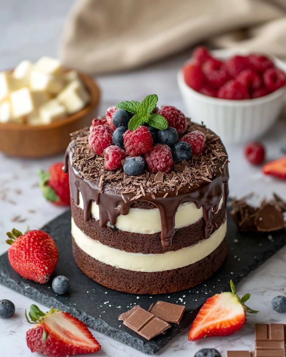 A small, round cake with four layers sits centered on a black slate board. The bottom and third layers are dark chocolate sponge while the second and top layers are light cream-colored sponge. Each layer is evenly thick and smooth. A shiny dark chocolate glaze drips down the sides of the cake from the top. On top of the cake, dark chocolate shavings spread under a pile of fresh red raspberries and dark blueberries, crowned with a small green mint leaf. Around the cake on the slate board, there are scattered strawberries, raspberries, blueberries, and pieces of chocolate. In the background on a white marbled surface, a white bowl full of red raspberries and a wooden bowl with white cheese cubes sit blurred. A beige cloth adds a soft touch in the background. Photo taken with an iphone --ar 4:5 --v 7