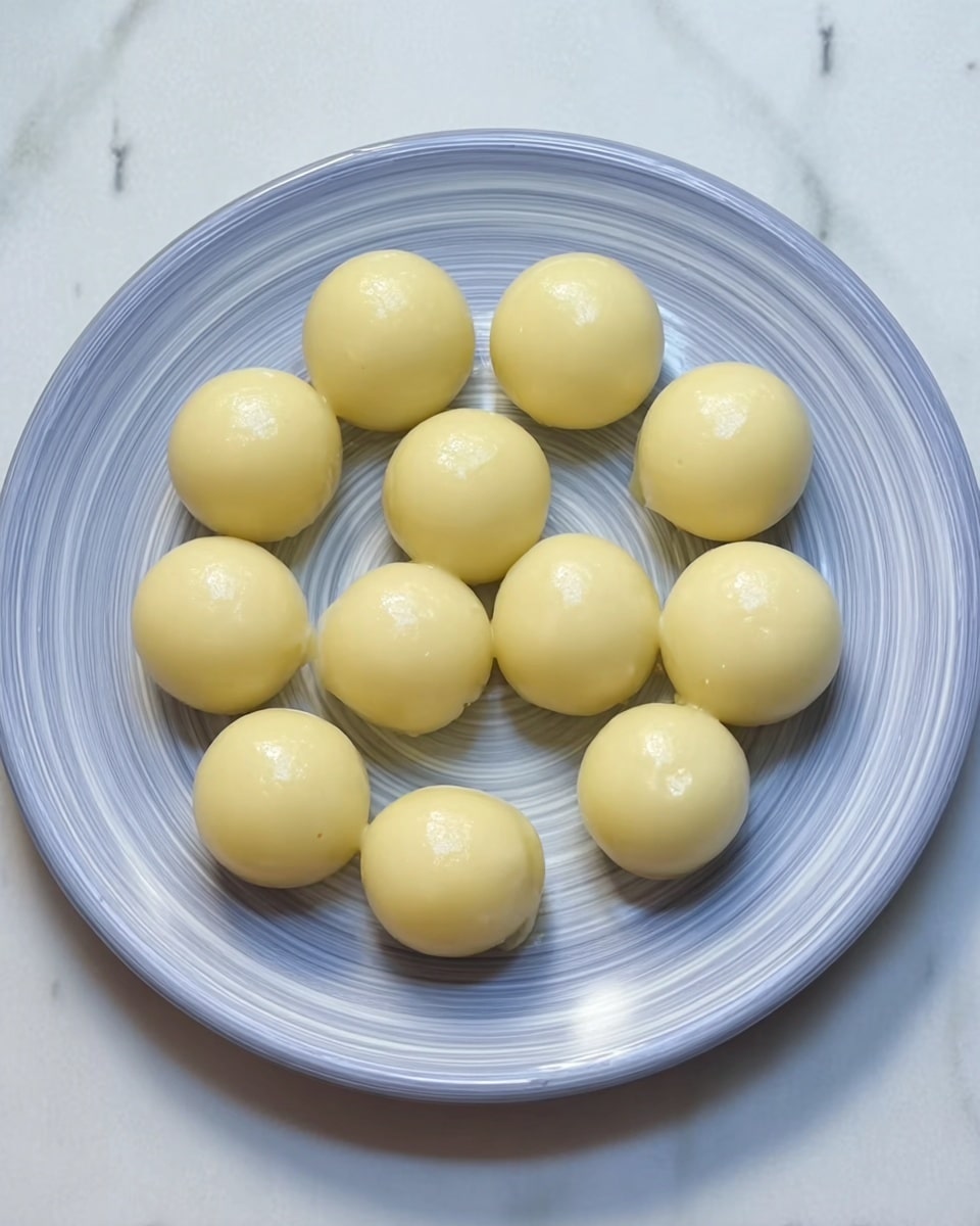 There are 13 small round smooth balls, light yellow in color, laid out on a white plate with a swirl pattern in the center; the balls are evenly spaced and shiny, showing a soft and smooth texture; the plate is placed on a white marbled surface. photo taken with an iphone --ar 4:5 --v 7