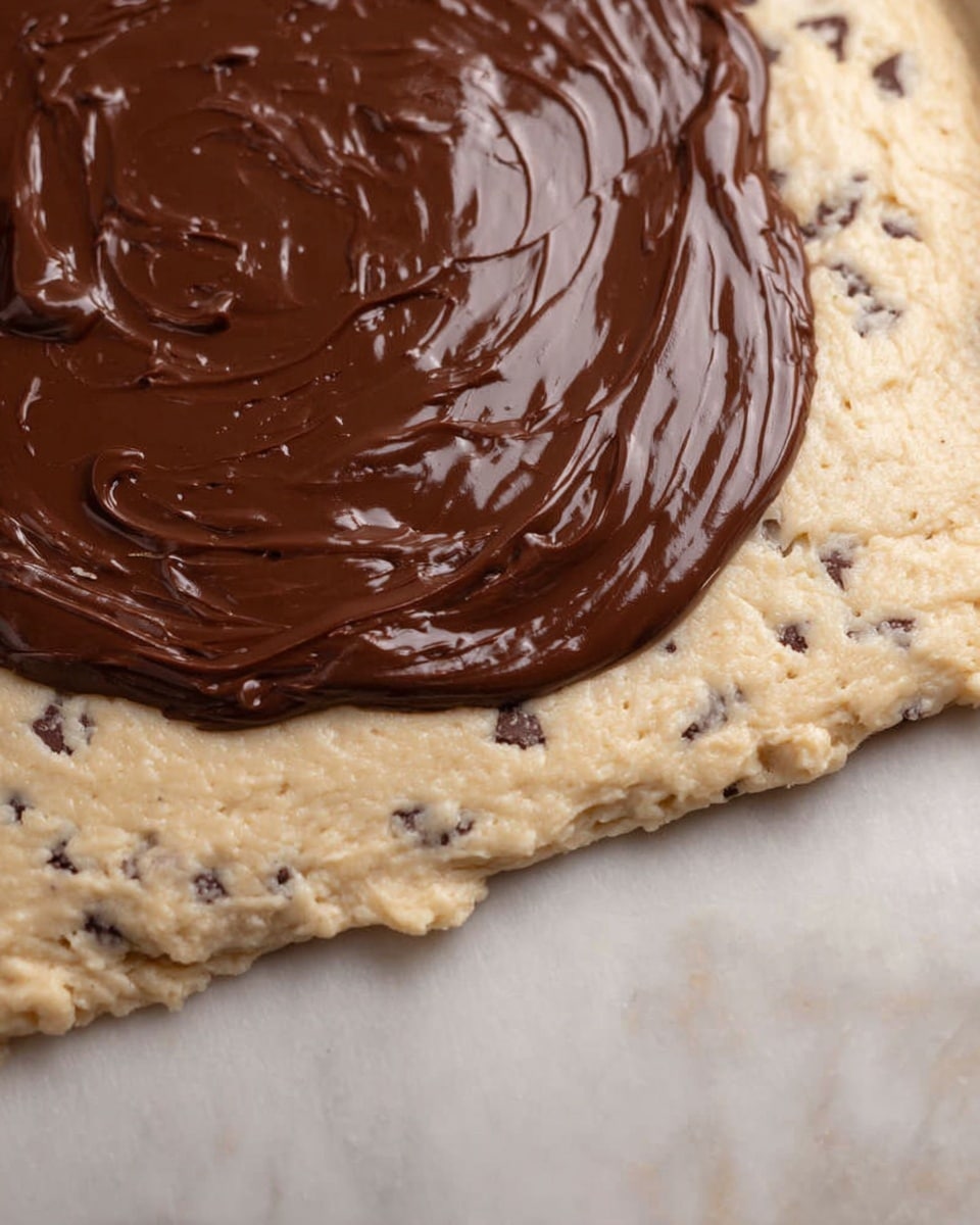 The image shows a thick layer of light beige cookie dough with small chocolate pieces spread evenly all over the base. On top of the dough, slightly off-center, there is a shiny, smooth dark brown chocolate spread in a thick circular shape with some texture lines and swirls, giving it a glossy finish. The scene is set on a white marbled surface. photo taken with an iphone --ar 4:5 --v 7