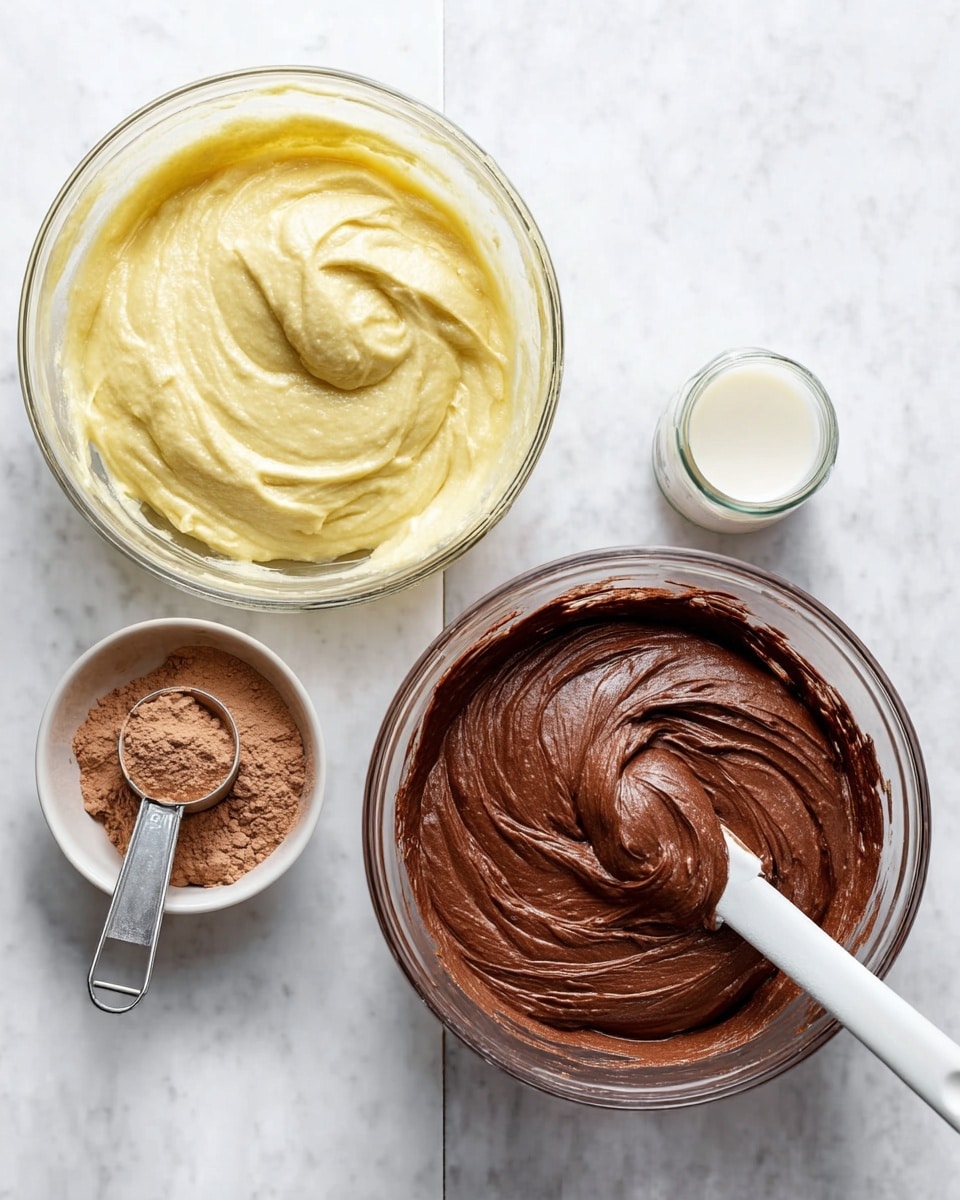 Two clear glass bowls sit side by side on a white marbled surface. The bowl on the left holds a smooth, pale yellow batter with a slightly glossy texture, and a metal measuring cup rests inside it. Nearby, a small white bowl filled with light brown cocoa powder and a small glass jar of milk can be seen. The bowl on the right contains a rich, thick chocolate batter with a glossy, creamy surface, being stirred by a white spatula. Both batters have gentle swirls showing their soft, thick consistency. photo taken with an iphone --ar 4:5 --v 7