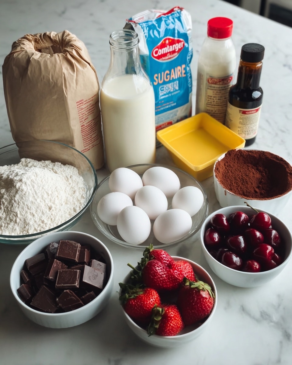 The image shows various baking ingredients arranged on a white marbled surface. In the back row, from left to right, there is a large beige paper bag of flour, a clear glass bottle filled with milk, a white bag of confectioners sugar with blue and red text, a yellow rectangular container filled with a yellow powder, a small white container with a red lid, and a tall dark brown bottle with a label. In the middle, there are six white eggs sitting on a clear glass plate. In front and to the left are two small white bowls, one filled with white powdered sugar and the other with dark brown cocoa powder topped with four square pieces of chocolate. On the right side, there are two small white bowls, one filled with red strawberries with green tops and the other filled with dark red cherries, some with stems. Everything is neatly placed and the lighting is natural and soft. Photo taken with an iphone --ar 4:5 --v 7