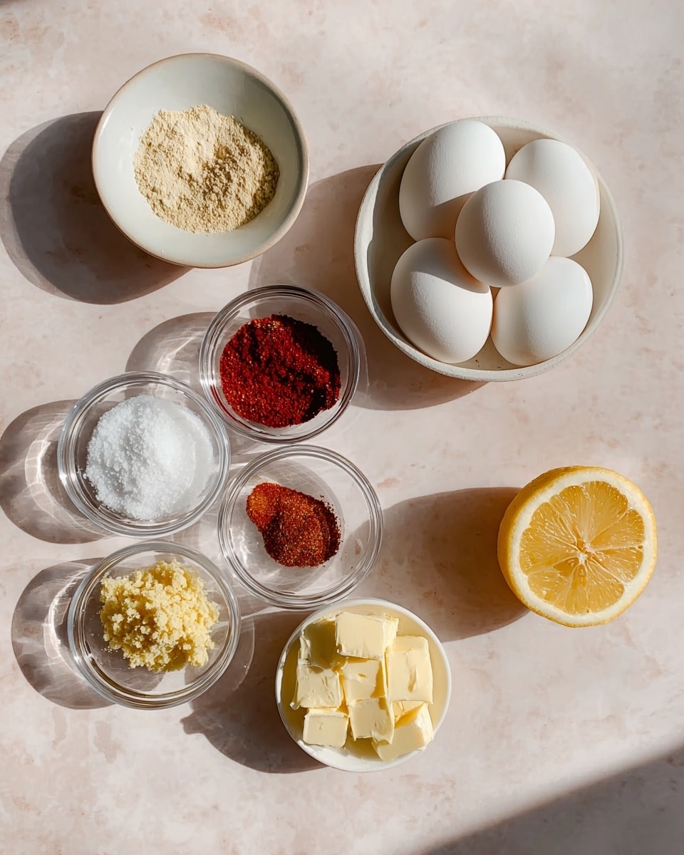 The image shows nine cooking ingredients arranged on a white marbled surface. There are four smooth white eggs placed in the upper center area. Below the eggs on the left is a white bowl with three different spices: a light beige powder, a red powder, and red flakes. To the right of it is a small white bowl with a crumbly yellow mixture. Lower down in the center are three small clear glass bowls arranged close together, containing white granulated sugar, light brown powder, and pale yellow butter pieces. To the right of these bowls is a half lemon showing its bright yellow inside. The whole setup is lit with natural light creating soft shadows. photo taken with an iphone --ar 4:5 --v 7