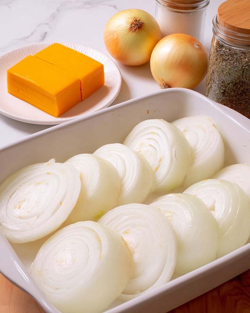 The image shows a white baking dish filled with two rows of thick white onion slices laid flat, each onion slice revealing multiple concentric layers in smooth, rounded rings. Behind the dish, on a white marbled surface, there is a small white plate holding two large blocks of bright orange cheddar cheese with smooth surfaces and sharp edges. Further back, there are two whole yellow onions, both round with light golden skin, and two clear jars, one with black pepper and the other topped with a wooden lid. The overall setting is simple and clean with a white marbled background. photo taken with an iphone --ar 4:5 --v 7