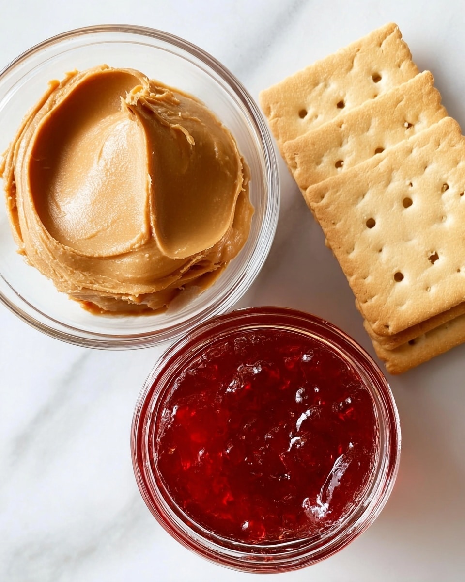 The image shows three main items on a white marbled surface: a clear glass bowl with smooth, creamy light brown peanut butter scooped inside, a small stack of light tan rectangular crackers with tiny holes on top positioned next to the bowl, and a round glass jar filled with thick, shiny, rich red jelly that has a slightly textured surface. Each element is close together, showcasing the contrast between the creamy peanut butter, the crisp crackers, and the glossy jelly. photo taken with an iphone --ar 4:5 --v 7