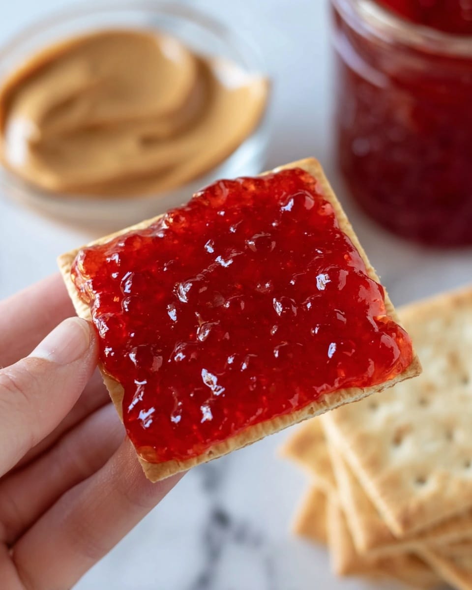 A close-up of a woman's hand holding a square cracker topped with a thick layer of bright red, shiny jelly that has a slightly bumpy texture. In the background, there is a clear bowl with light brown peanut butter and several more plain crackers stacked on a white marbled surface. A jar filled with the same red jelly is also partially visible, adding depth and color contrast to the image. The photo taken with an iphone --ar 4:5 --v 7