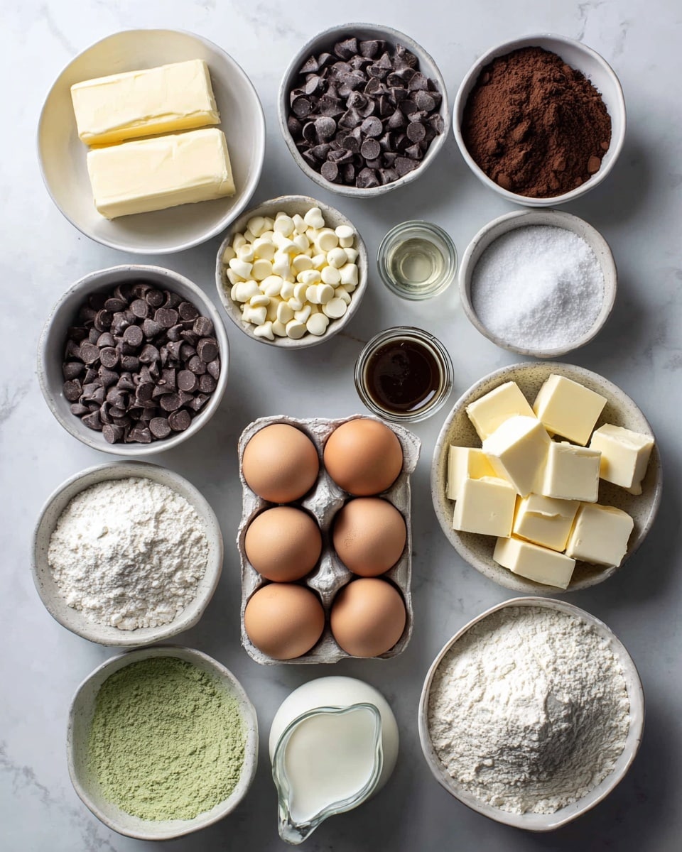 The image shows an arrangement of 14 small white bowls and a white carton of six brown eggs placed on a white marbled surface. Centered at the top left is a bowl with three sticks of light yellow butter, next to it a bowl filled with dark chocolate chunks, and a bowl with dark brown cocoa powder on the top right. Below the butter, there is a bowl of small white chocolate chips, a smaller bowl with more dark chocolate chunks beneath it, and to the right, a larger bowl filled with dark chocolate chunks. Near the eggs, a small bowl contains a bit of white salt, and nearby is a bowl of white granulated sugar. Towards the bottom left, there is a bowl of green powder, beside a bowl with white flour. To the right, a bowl holds pale yellow cubes of butter, and a small white jug with white milk sits next to it. Additionally, two tiny bowls hold clear liquids near the top right. All the items have a natural, slightly rough texture, and the whole setup is styled in soft natural light giving it a clean and fresh look. Photo taken with an iphone --ar 4:5 --v 7