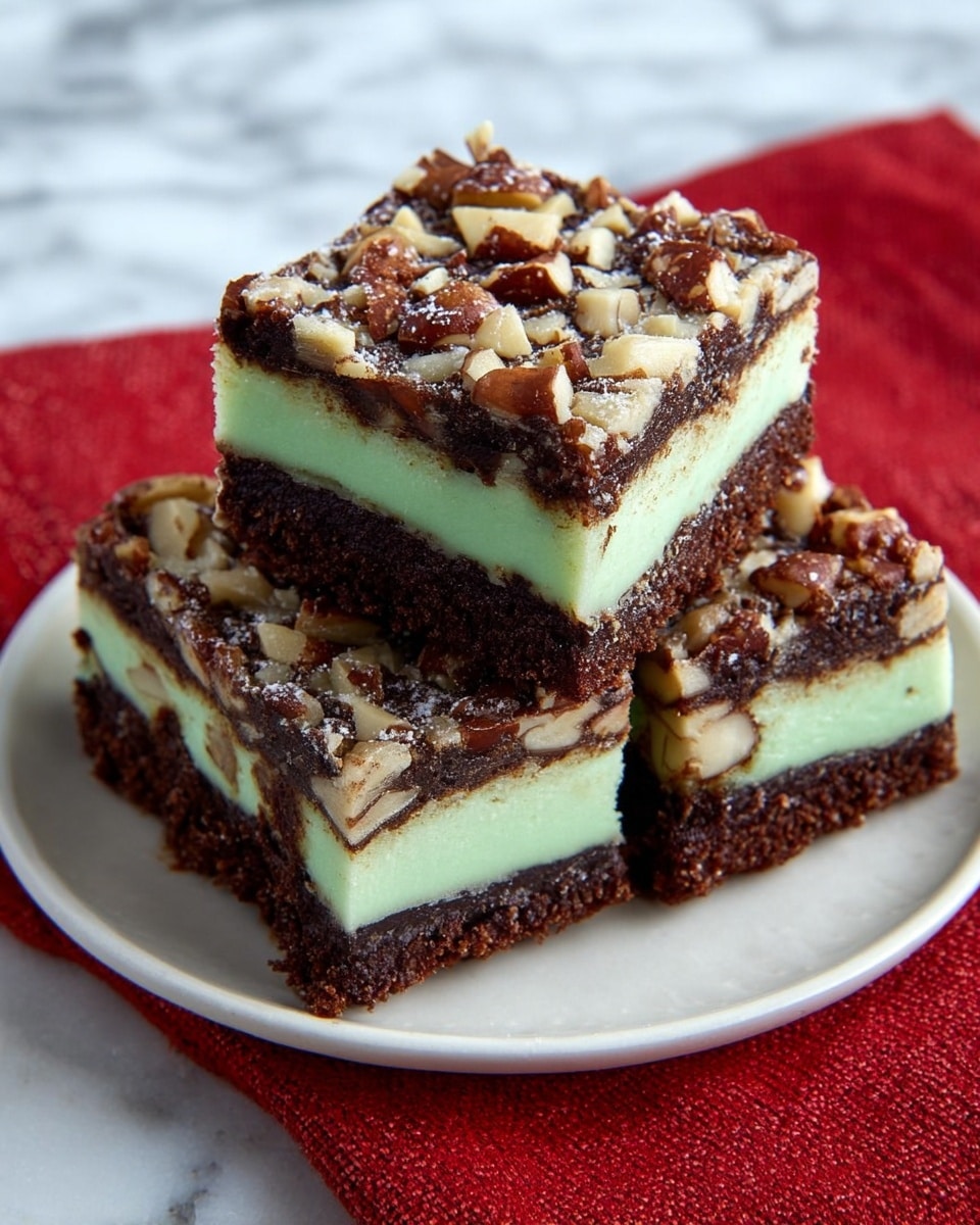 The image shows a stack of five square dessert bars on a white plate with a red cloth nearby on a white marbled surface. Each bar has three visible layers: a thick dark brown chocolate base, a smooth light green middle layer, and a top layer covered with pieces of dark chocolate and nuts. The bars are arranged in a way that some stand upright, showing the layers clearly, while the others lay flat or lean against each other. The dark chocolate pieces on top add a rough texture and contrast with the smooth green middle layer and solid chocolate base. Photo taken with an iphone --ar 4:5 --v 7