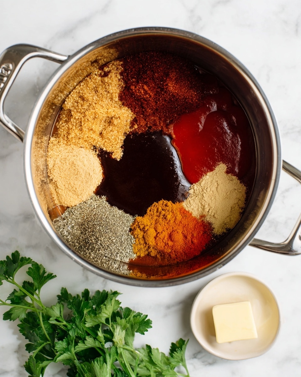 In a silver saucepan, there are many separate layers of spices and liquids, creating a colorful mix. Starting from the top left, there is a light brown crumbly layer, followed by a dark brown powder layer on the top right. Below the light brown is a bright orange-red powder, and underneath it is a dark blackish-brown powder. The bottom left shows layers of pale beige powder, next to a grayish-black powder just above it. There is also a shiny deep red liquid pooling in the center and bottom right, creating a glossy effect. Around the saucepan, on a white marbled surface, there is a white bowl with a square of butter and green parsley leaves visible in two corners. The photo taken with an iphone --ar 4:5 --v 7