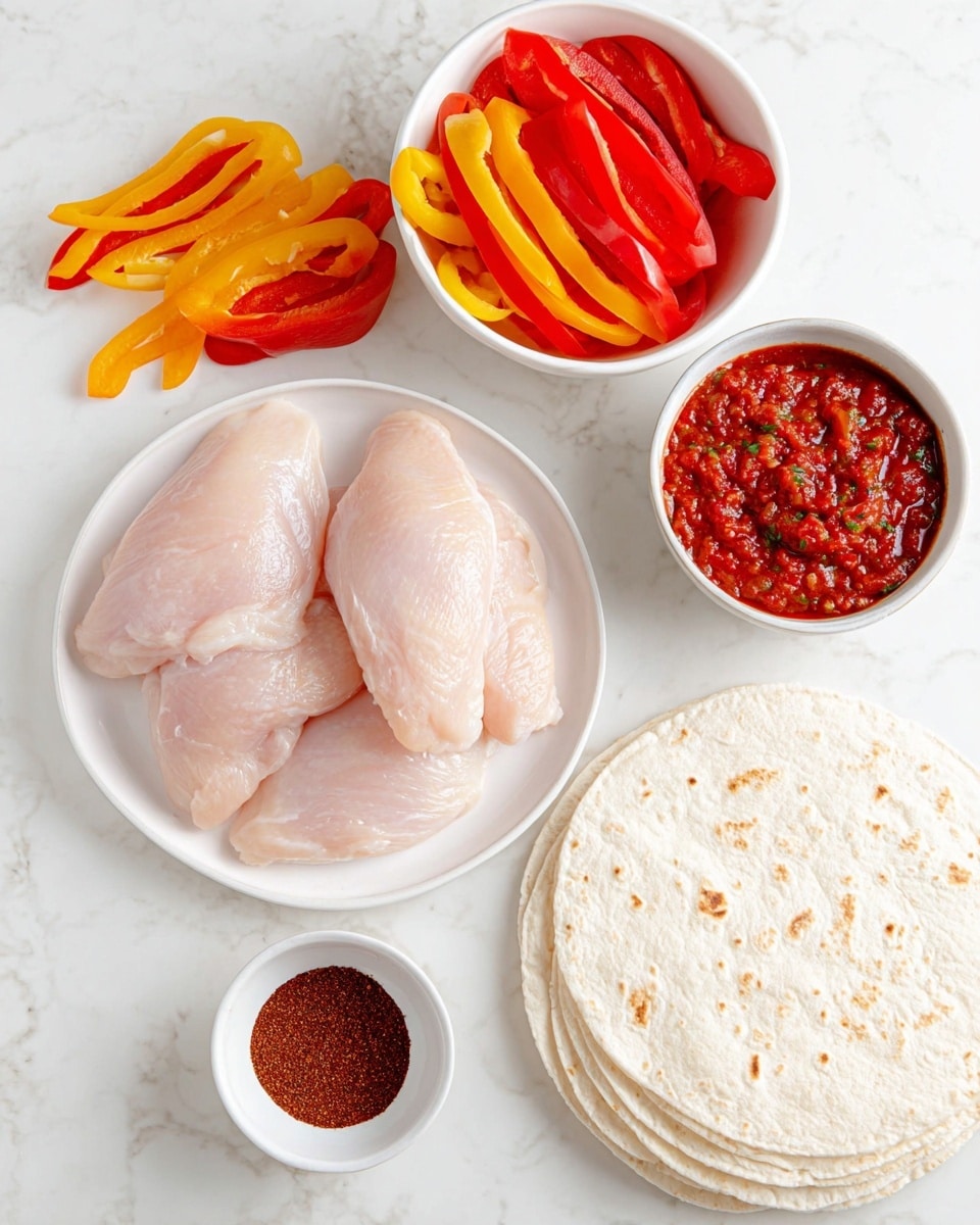 The image shows a white plate in the center with four raw chicken pieces that are pale pink and smooth. Above it, there is a white bowl filled with sliced bell peppers in red, orange, and yellow colors layered on top of each other. To the right, a white bowl holds a chunky red salsa with small bits of green peppers. Below the plate with chicken, a small white dish contains dark red spice powder. At the bottom right, there is a stack of white flour tortillas showing light brown spots and soft texture. All items are placed on a white marbled surface. Photo taken with an iphone --ar 4:5 --v 7