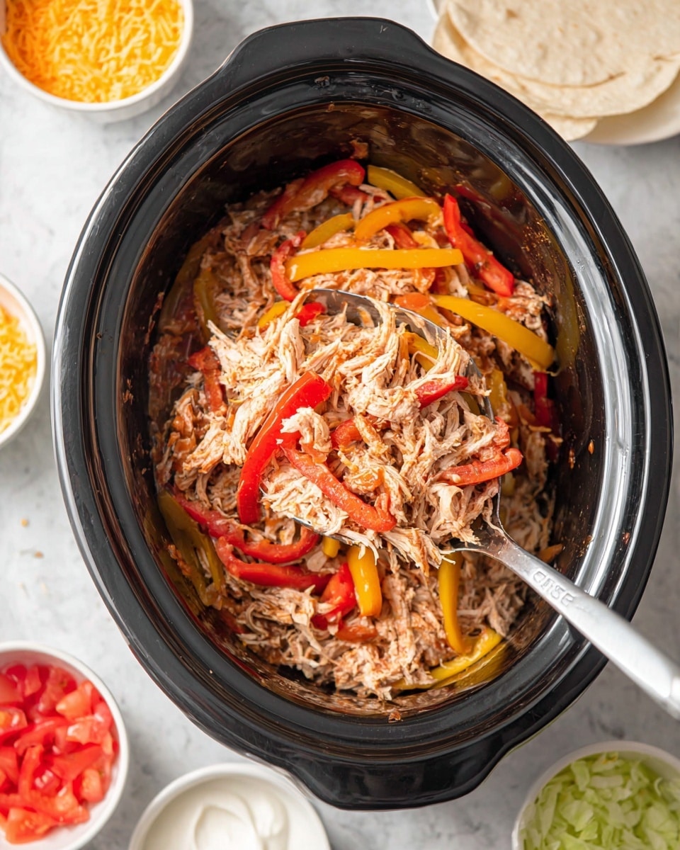 A black slow cooker filled with shredded chicken mixed with sliced red and yellow bell peppers, showing a soft and juicy texture. A metal spatula lifts a portion of the chicken and peppers from the center, highlighting the mix of pale pinkish chicken strands with bright red and yellow pepper strips. Around the slow cooker on a white marbled surface, there are small white bowls holding grated orange cheese, diced red tomatoes, and white sour cream, along with some white soft tortillas and a container of shredded light green lettuce, all placed in a casual and inviting arrangement. Photo taken with an iphone --ar 4:5 --v 7