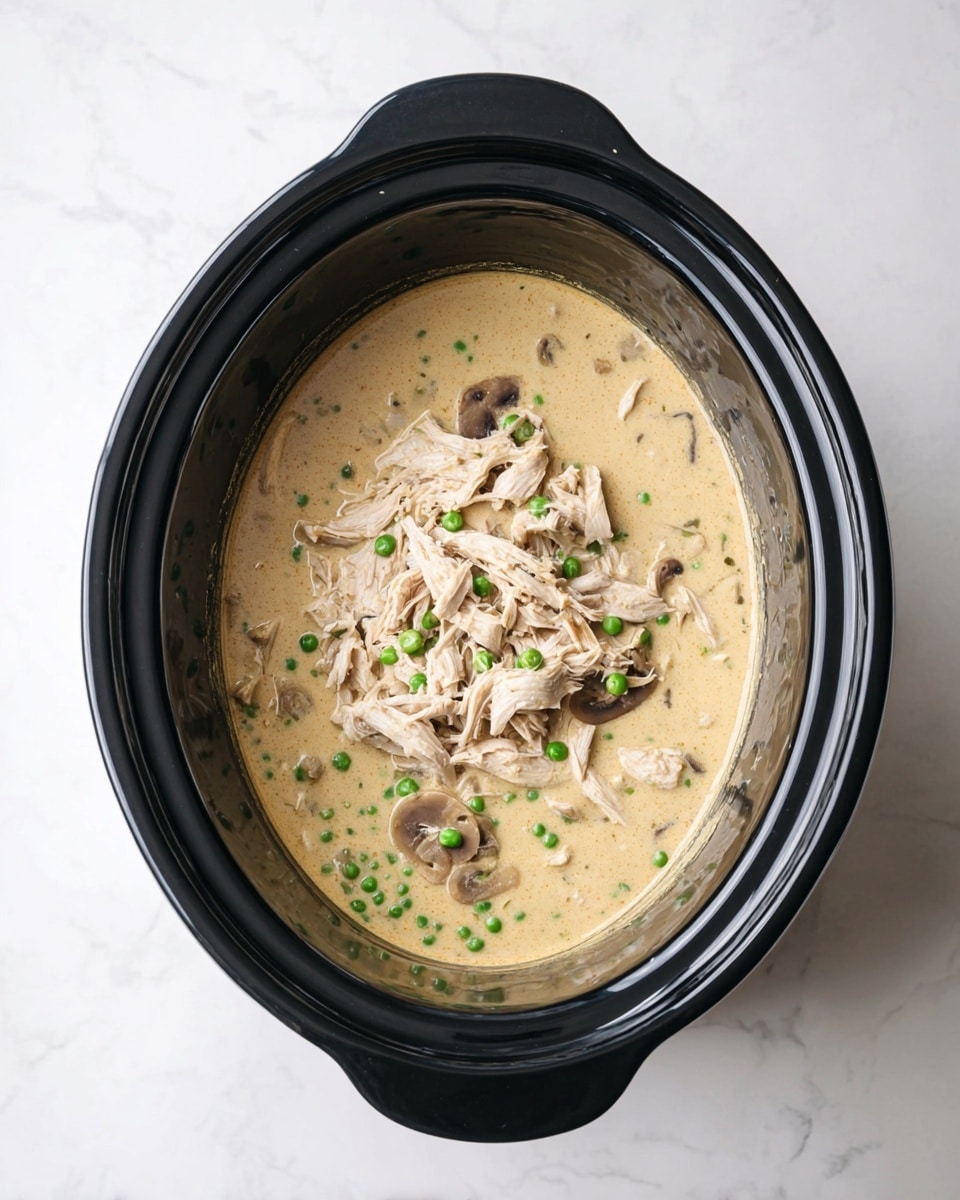 The image shows a black slow cooker filled with a creamy beige sauce that has small green peas and sliced mushrooms mixed in. On top of the sauce, there is a loose pile of shredded light brown chicken placed in the center. The slow cooker is set on a white marbled surface, creating a clean and simple background. photo taken with an iphone --ar 4:5 --v 7