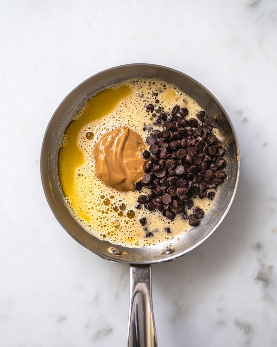 A gray metal pan sits on a white marbled surface, filled with three main layers: a yellow melted butter layer forming the base, a cluster of dark brown chocolate chips resting on the right side, and a dollop of smooth light brown peanut butter placed near the bottom center. Foam and bubbles from the melted butter surround these ingredients, adding texture and depth inside the pan. The pan's handle extends towards the bottom of the image. photo taken with an iphone --ar 4:5 --v 7