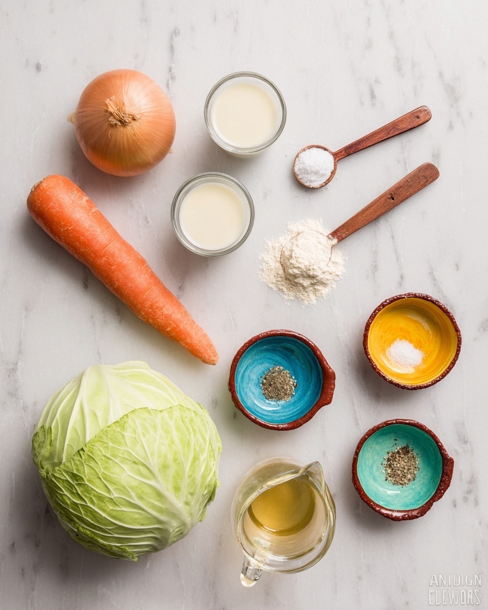 The image shows fresh ingredients laid out on a white marbled surface, including a whole green cabbage at the bottom left, a large orange carrot next to it, and a whole light brown onion above the carrot. There are two small clear glasses filled with a light cream liquid, placed near the top center. To the right, there are two measuring spoons with wooden handles holding a white powder and a creamy off-white substance. Three small terra cotta bowls with colorful interiors—one blue holding salt, one yellow holding ground pepper, and one green holding a clear liquid—are arranged near the right side. A clear small pitcher with a light golden liquid is also present near the bottom center. photo taken with an iphone --ar 4:5 --v 7