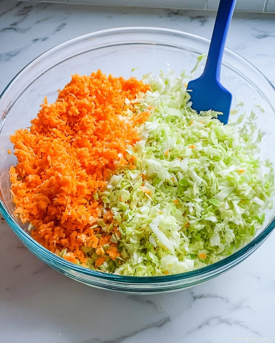 A large clear glass bowl sits on a white marbled surface, filled with finely chopped vegetables. On the left side of the bowl, there is a bright orange heap of finely chopped carrots with a smooth, small texture. On the right side, there is a larger mound of pale green, finely chopped cabbage with a slightly rougher texture. A blue silicone spatula is resting inside the bowl, leaning against the edge with its handle sticking out. The scene is bright and clean, showing fresh ingredients ready to be mixed. photo taken with an iphone --ar 4:5 --v 7