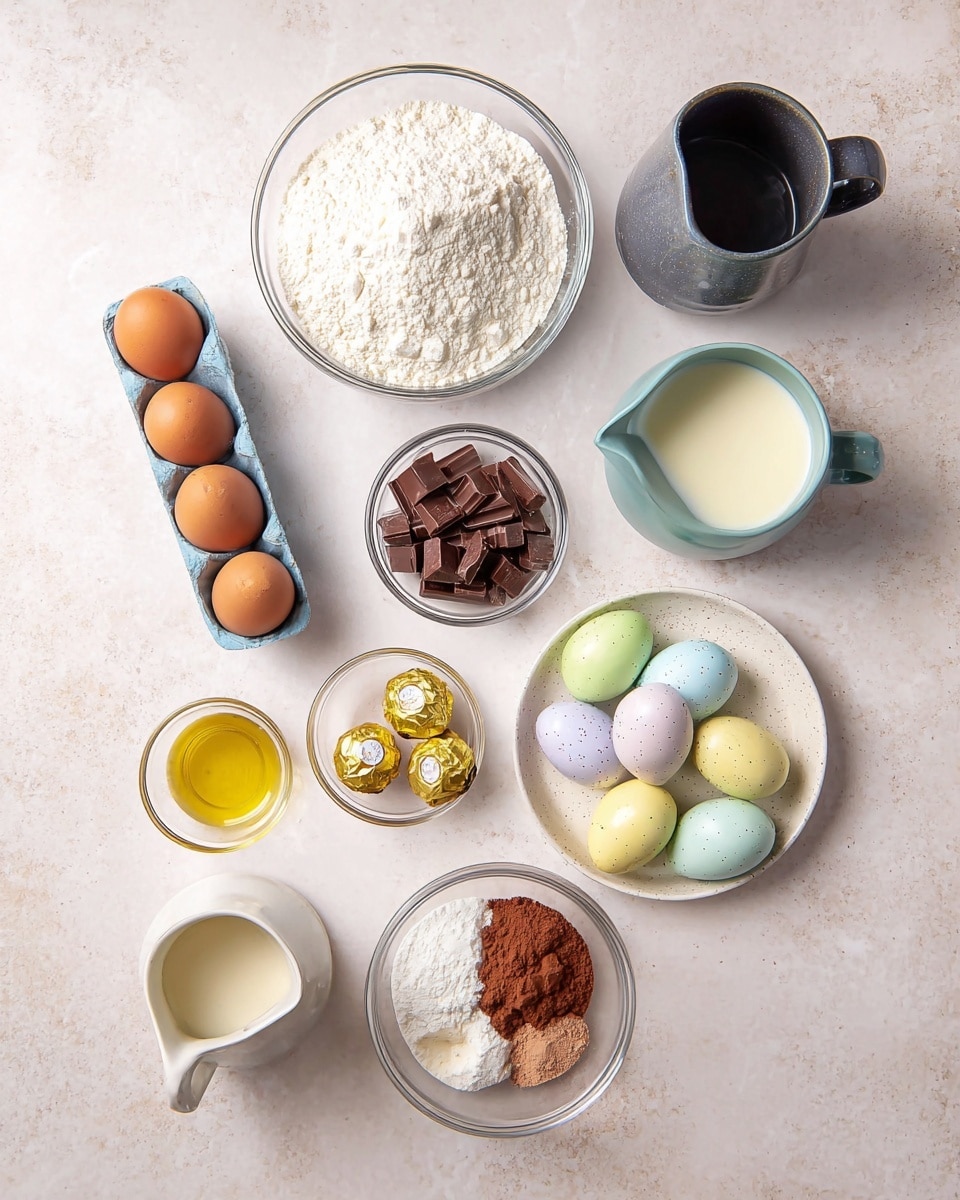 The image shows baking ingredients arranged neatly on a white marbled surface. There is a glass bowl full of white flour at the top center and a dark gray ceramic jug filled with a light liquid on the top right. To the left, a light blue egg holder holds three brown eggs and three small chocolates wrapped in gold foil. Below, a small white pitcher filled with a light yellow liquid sits near a glass bowl with chopped chocolate pieces. A clear glass bowl of cocoa powder is placed next to a small bowl of golden liquid. Near the center is a small glass dish with white and brown powders (likely baking soda and cinnamon). A speckled white plate holds a clear bowl of pastel-colored mini eggs and three more gold-wrapped chocolates. On the bottom right is a dark gray-blue jug filled with a creamy liquid. All items are spaced evenly, creating a clean and organized look for baking preparation. Photo taken with an iphone --ar 4:5 --v 7