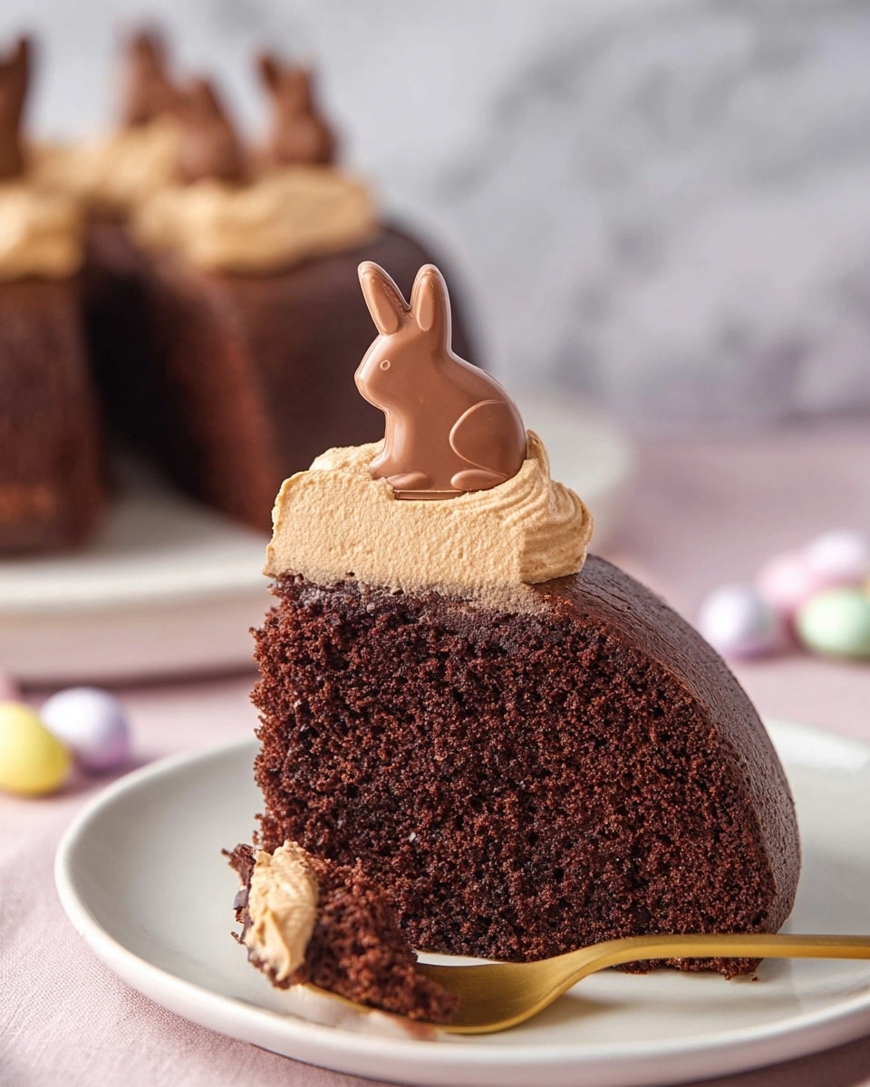 A slice of rich dark brown chocolate cake with a soft, moist texture sits on a white plate. On top of the slice is a small layer of light brown creamy frosting, smooth and slightly whipped, with a solid milk chocolate bunny figure placed upright in the center. A gold-colored spoon rests on the plate, holding a bite-sized piece of cake. In the background, there are more chocolate cake slices and small pastel-colored candies, all set on a white marbled surface. Photo taken with an iphone --ar 4:5 --v 7