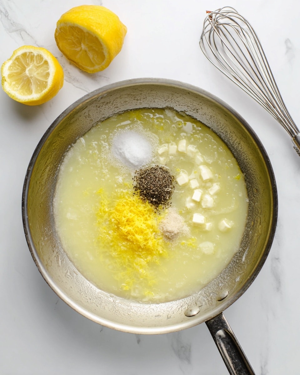 A stainless steel pan sits on a white marbled surface, containing a mixture with several layers and textures. The base is a pale yellow melted butter layer spread evenly, with small white chunks of solid butter floating on top. Near the center, a small mound of white granulated salt and a dark mound of black ground pepper rest side by side. A bright yellow pile of finely grated lemon zest is positioned below these spices, adding a fresh color contrast. To the left of the pan, two halved lemons with vibrant yellow flesh lie on the white marbled surface, while a metal whisk rests nearby on the right side of the frame. photo taken with an iphone --ar 4:5 --v 7