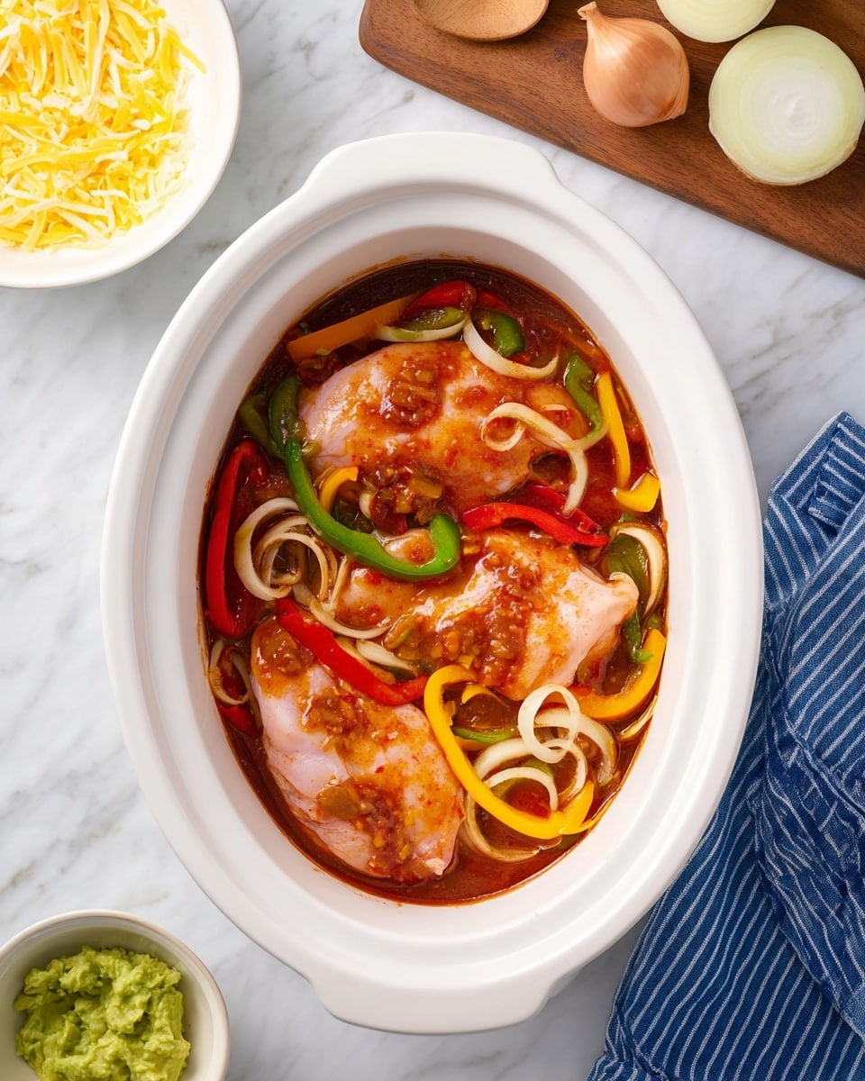 The image shows a white oval slow cooker filled with three raw pieces of light pink chicken breasts, covered in a thick reddish-brown sauce mixed with slices of yellow, orange, green, and red bell peppers, and white onion rings. The sauce and vegetables are spread evenly around and on top of the chicken breasts, giving a colorful and slightly shiny look. The slow cooker sits on a white marbled surface. Nearby, there is a white bowl with shredded yellow and white cheese, a small dish of green guacamole, a wooden spoon, and a wooden chopping board holding more sliced onions and yellow bell peppers, while a blue and white striped cloth is also partially visible. photo taken with an iphone --ar 4:5 --v 7