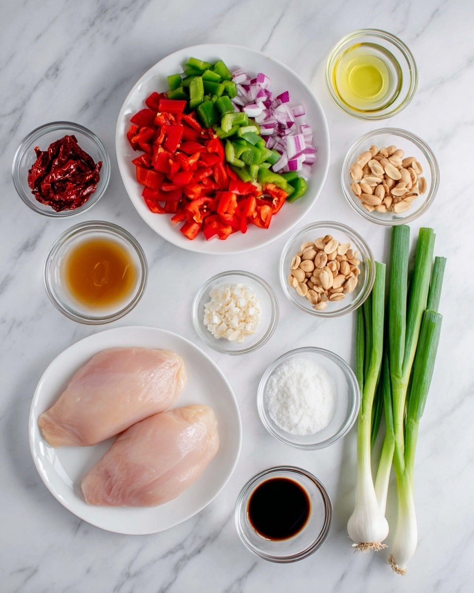 The image shows a collection of ingredients on a white marbled surface. There are two white plates, one holding two raw chicken breasts with a smooth, pale pink texture, and the other containing chopped red bell peppers, green bell peppers, and red onions, all cut into rough square pieces. Around these plates are several small glass bowls with different contents: bright red dried chilies, a light brown liquid, a clear liquid, a small amount of a greenish paste, peanuts, a dark brown sauce, a pale yellow oil, white powder, and minced garlic. Three whole green onions with white bases and green tops lie to the right. Everything is organized neatly and ready for cooking. Photo taken with an iphone --ar 4:5 --v 7