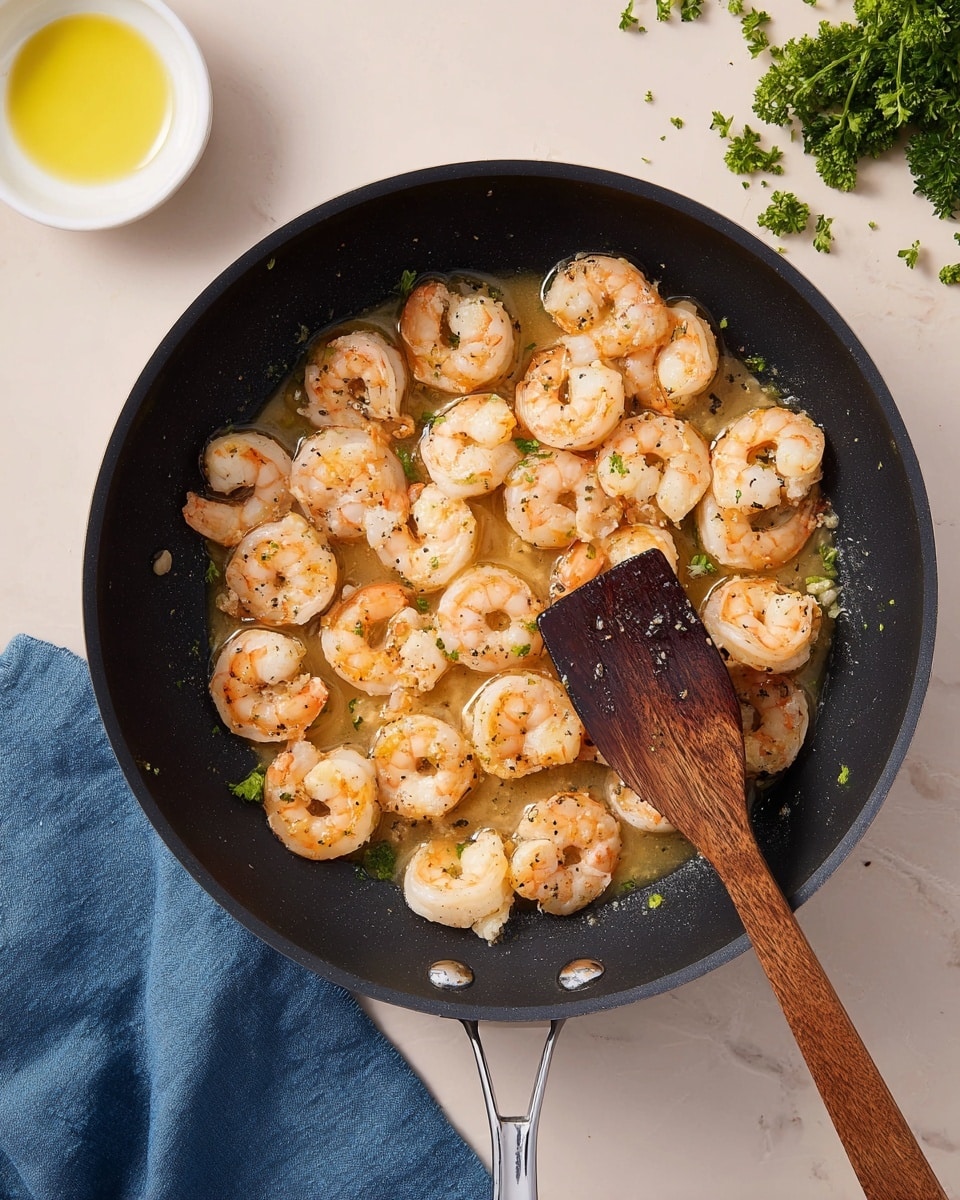 A black pan filled with cooked shrimp in a light butter and garlic sauce, showing about two layers of shrimp that are light pink and slightly orange with browned spots, all evenly spread over the sauce. A dark wooden spatula rests inside the pan on the right side, partially covering some shrimp. The pan handle is silver and shiny, and it sits on a surface with a white marbled texture. Nearby, there is a white bowl with oil dripping beside it on the top left corner and some green parsley on the top right corner. A blue cloth napkin is partly visible under the pan on the bottom left side. Photo taken with an iphone --ar 4:5 --v 7