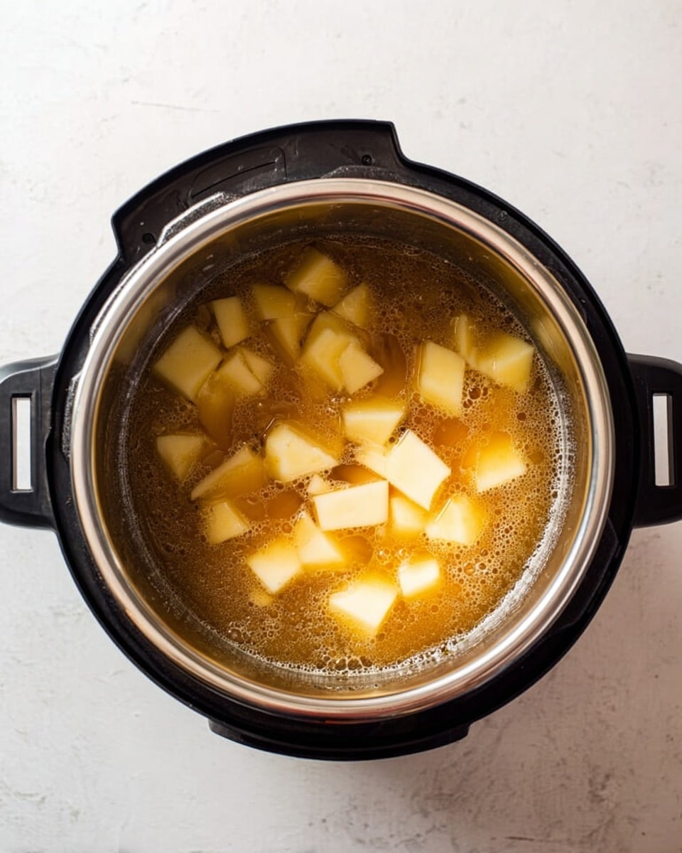 The image shows a top view of an instant pot with its inner metal pot visible. Inside, there are light yellow cubed potatoes partly submerged in a clear, golden brown broth with small bubbles on the surface. The instant pot is black and sits on a white marbled surface. The scene looks simple with no additional items around, focusing on the cooking process. photo taken with an iphone --ar 4:5 --v 7