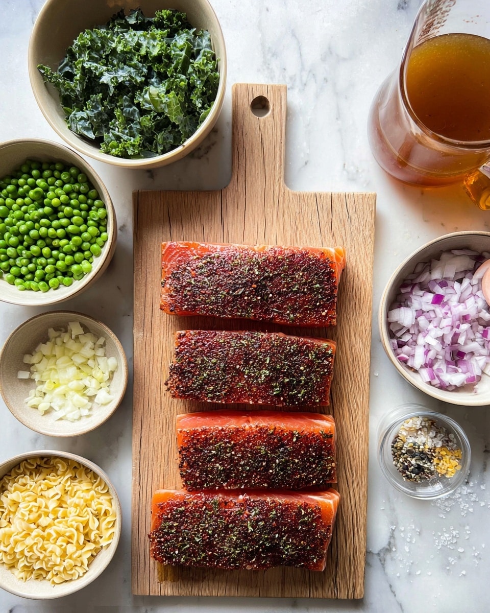 The image shows four thick pieces of raw fish with dark red spices and herbs sprinkled on top, arranged stacked in two layers on a wooden cutting board with a handle at the top center. Surrounding the board are five beige bowls and one small glass measuring cup on a white marbled surface. The bowls contain chopped green leafy vegetables, minced garlic and salt, chopped white and purple onions, green peas, and uncooked orzo pasta, while the glass measuring cup holds a light yellow liquid. On the right side of the image, a glass pitcher filled with dark orange liquid is partially visible. photo taken with an iphone --ar 4:5 --v 7