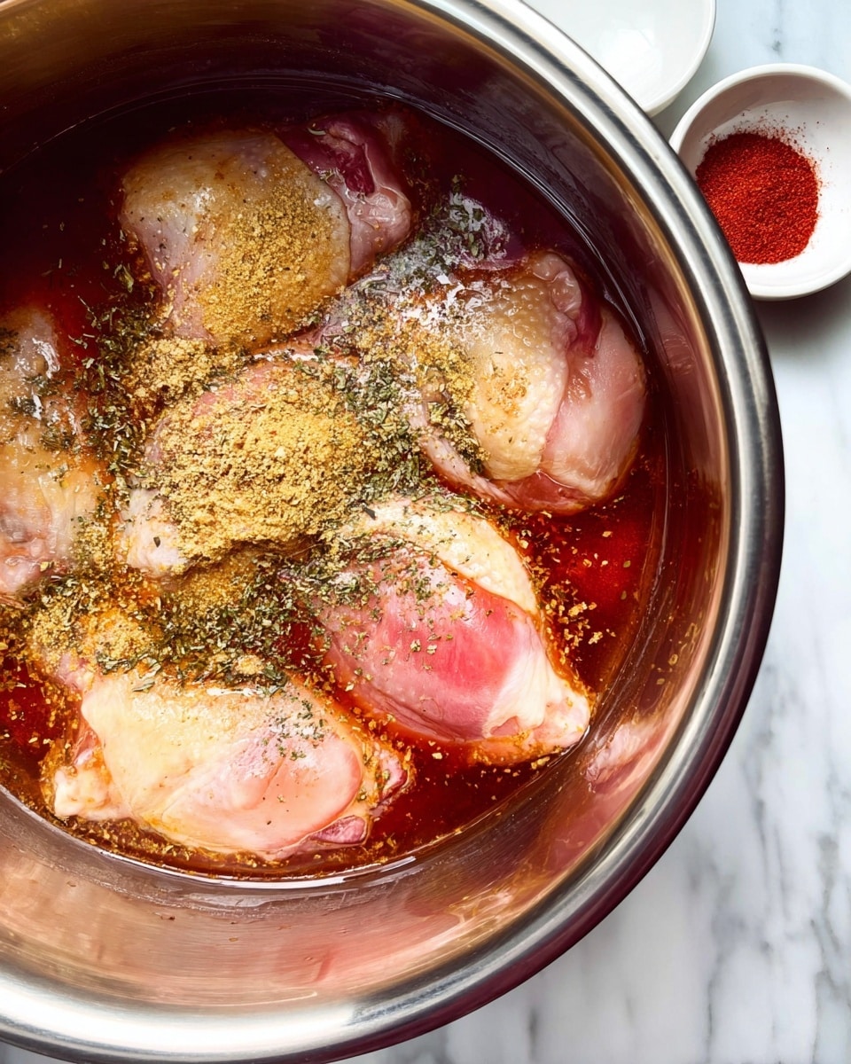 Inside a shiny silver pot, there are five raw pink chicken pieces partially covered by a deep reddish broth. The broth has visible layers of light yellow powder and dried green herbs sprinkled on top, scattered unevenly over the chicken. The chicken pieces are arranged closely, almost touching each other. Around the pot on a white marbled surface are two small white round bowls, one containing a small amount of bright red powder. The lighting captures the glossy texture of the broth and the smooth surface of the chicken. photo taken with an iphone --ar 4:5 --v 7