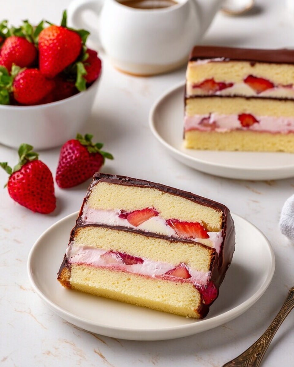 Two slices of layered cake are on a white plate. Each slice has three layers of light yellow cake and two layers of pink cream with small pieces of red strawberries. The cake is covered with a thin, smooth layer of dark brown chocolate on the top and edges. In the background, there is a white bowl filled with fresh red strawberries and a white teapot. The surface under everything is a white marbled texture. photo taken with an iphone --ar 4:5 --v 7