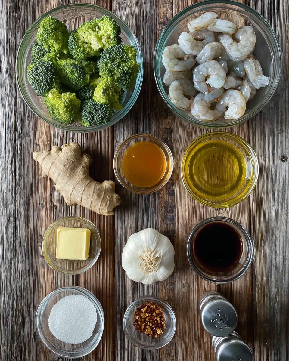 The image shows a top view of various cooking ingredients neatly arranged on a wooden surface. At the top left, there is a clear glass bowl filled with green broccoli florets with a bumpy texture. To the right, another clear glass bowl contains raw shrimp with a light grey and white color, some with visible ice. Below the broccoli, a piece of fresh ginger root with a beige and rough texture is placed. In the center, there are three small clear glass bowls: one with a golden orange liquid, another with a dark brown sauce, and the third with a yellow liquid. Below these, a small clear glass bowl holds a pale yellow square of butter. Next to it, a small bowl contains white powder. At the very bottom from left to right, there is a whole garlic bulb with white papery skin, a salt shaker, a pepper shaker, and a small bowl with red chili flakes. All items rest on a wooden surface but should be imagined on a white marbled texture. Photo taken with an iphone --ar 4:5 --v 7