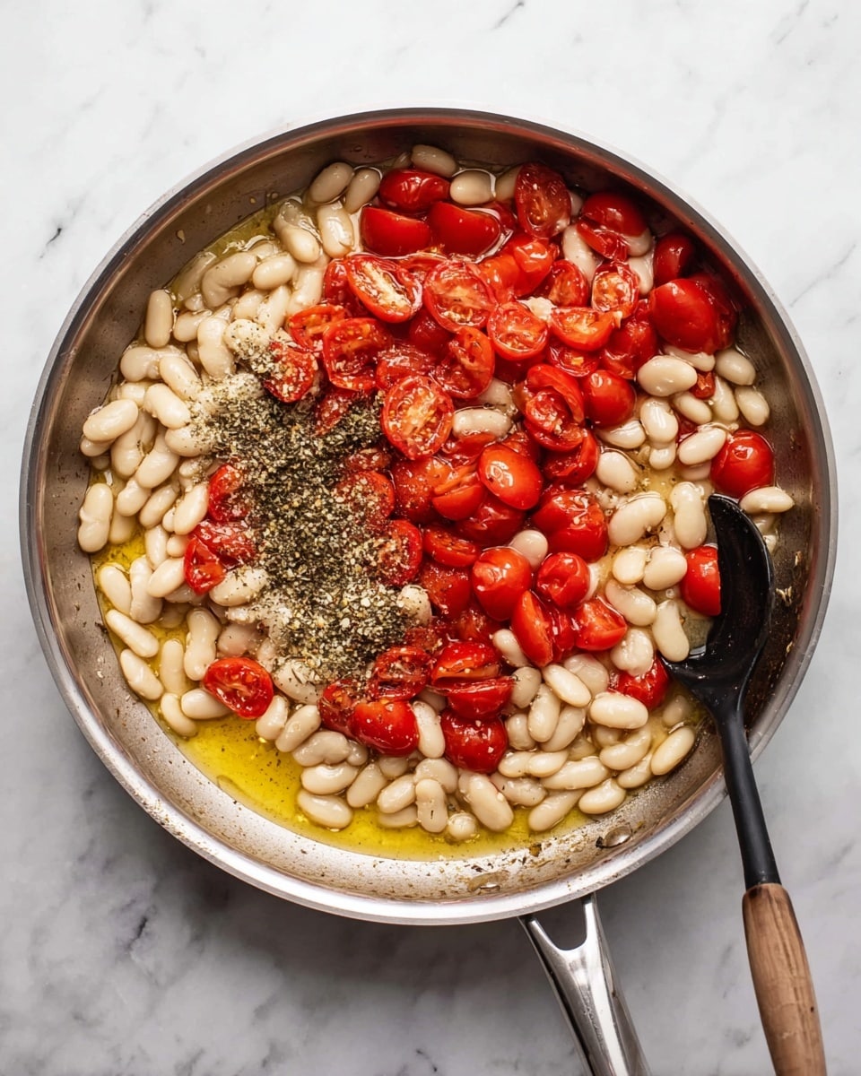 A round silver pan on a white marbled surface is filled with three main layers: plump white beans spread evenly across the pan, bright red cherry tomatoes, many of them cut in half, scattered on top, and a mix of dark ground pepper and dried herbs sprinkled in the center. There is a light yellow liquid pooling at the bottom of the pan, adding a glossy texture. A black spoon with a wooden handle rests on the right side of the pan, partly submerged in the mixture. photo taken with an iphone --ar 4:5 --v 7