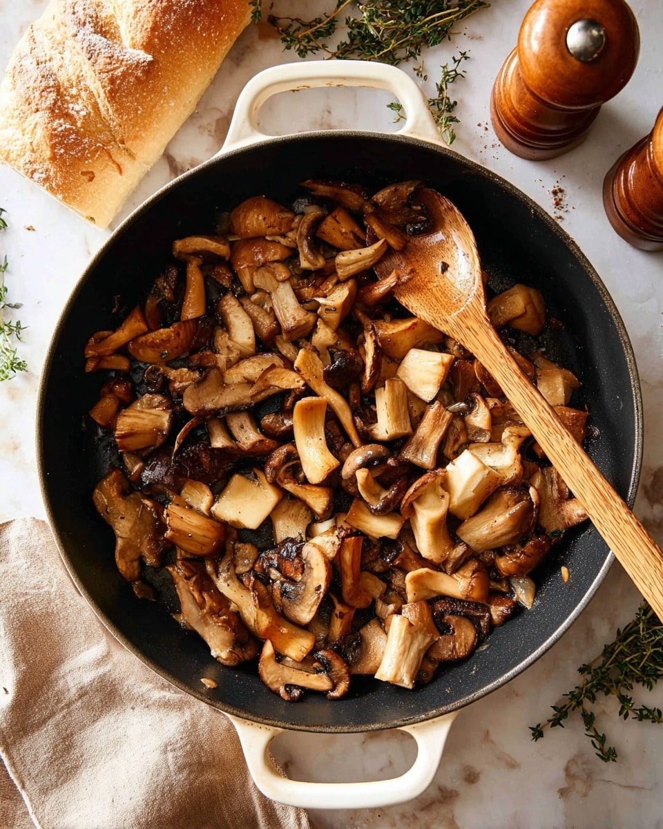 A black pan with white handles sits on a white marbled surface, filled with a mix of cooked mushrooms in various shapes and shades of brown, tan, and beige. The mushrooms show different textures from smooth to slightly wrinkled, and some pieces have crispy edges. A wooden spoon rests on the mushrooms near the center of the pan, partially covered by the mushrooms, with a warm, light wood color. In the background, part of a bread loaf, a pepper grinder, and sprigs of green herbs are visible. photo taken with an iphone --ar 4:5 --v 7
