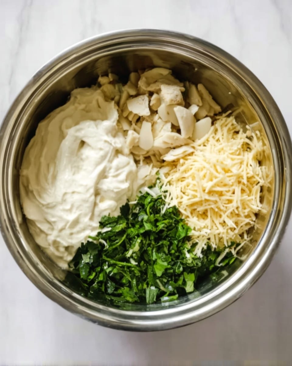 The image shows a stainless steel bowl containing four different ingredients placed in separate sections inside the bowl. One section has a thick white sauce with a creamy texture, another has small pieces of a pale beige vegetable, the third area holds shredded pale yellow cheese, and the last section contains chopped green herbs. The bowl is set on a white marbled surface. The photo taken with an iphone --ar 4:5 --v 7
