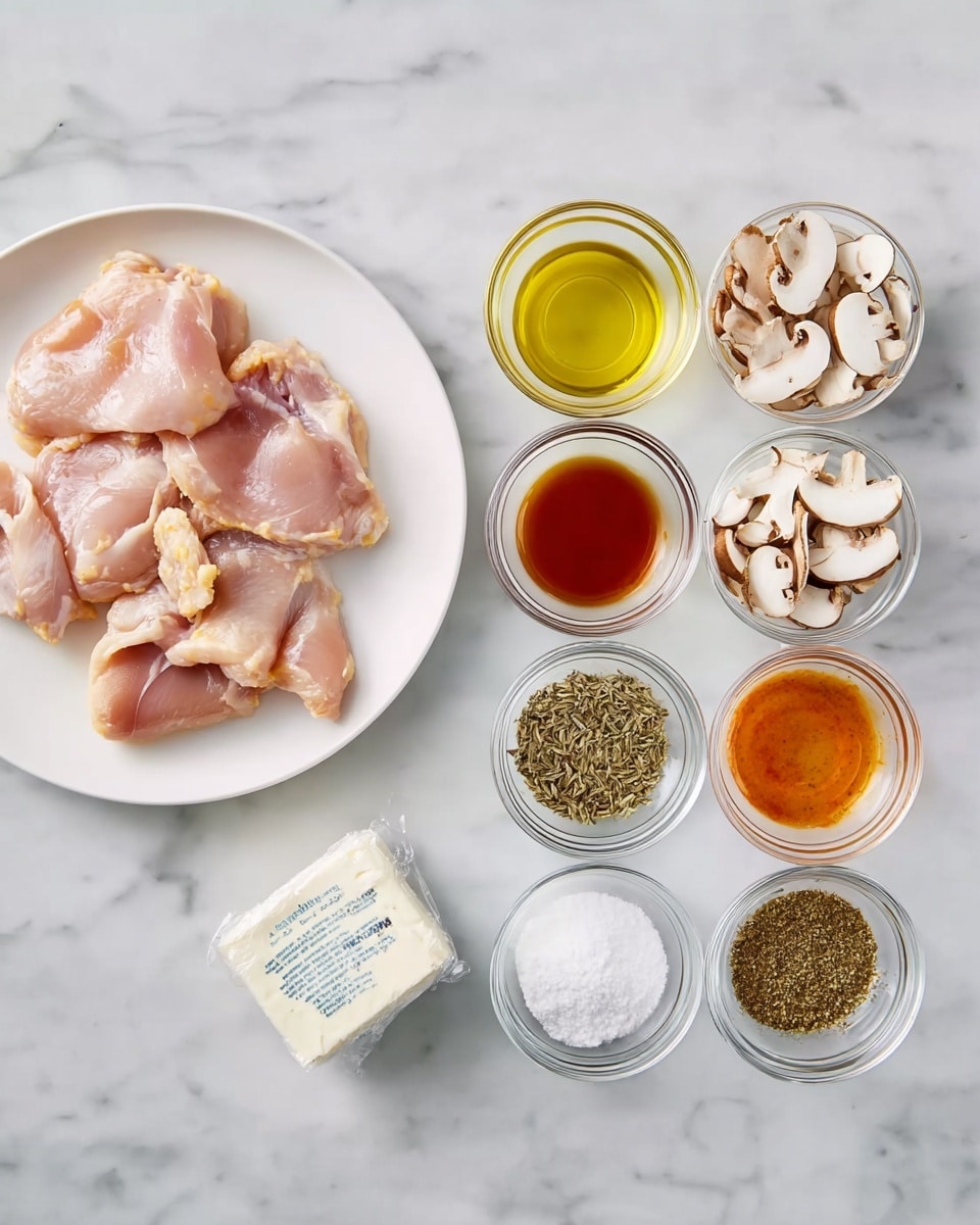 The image shows a white plate with three large pieces of raw chicken with light pink color on the left side. To the right of the plate, there are eight small glass bowls arranged in two rows on a white marbled surface. The bowls are filled with different ingredients: the top row has sliced mushrooms in a bowl with shades of light brown and white, a pale yellow liquid likely cooking oil, and a small bowl with a reddish-orange sauce or liquid. The bottom row contains a small block of cream cheese wrapped in white with blue text, a white powdery substance likely flour, and two bowls with dried herbs or spices in shades of green and brown. The whole setup is clean and organized. photo taken with an iphone --ar 4:5 --v 7