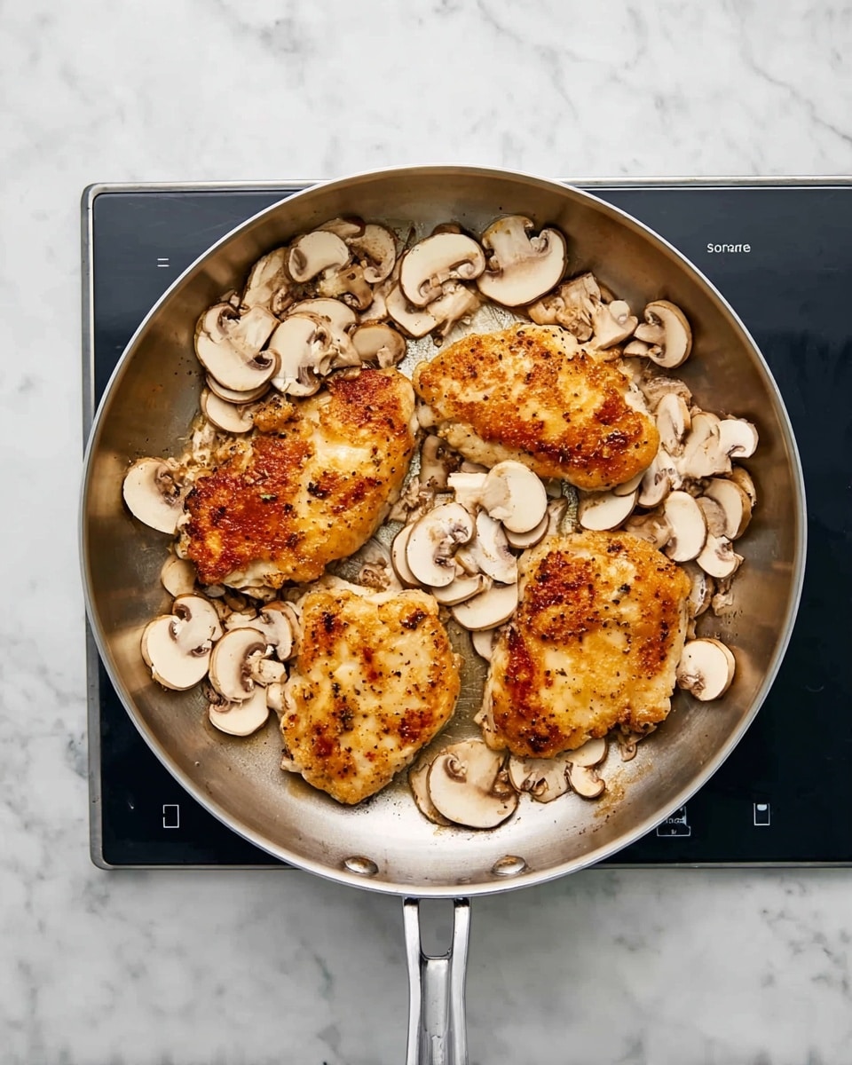 The image shows a metal pan placed on a black stovetop with a white marbled surface underneath. Inside the pan, there are four golden-brown cooked pieces of chicken, each with a slightly crispy texture and some darker spots from cooking. On top of and around the chicken pieces, there are several light beige sliced mushrooms evenly spread out, some lying flat while others rest against the chicken. The overall scene is bright and clean, focusing on the simple and fresh cooking process. photo taken with an iphone --ar 4:5 --v 7