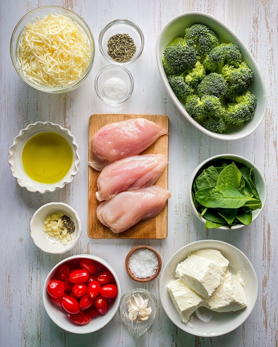 The image shows a top-down view of ingredients arranged neatly on a white marbled textured surface. In the center, there are three raw light pink chicken fillets placed on a small wooden board. Around the chicken, there is an oval white bowl filled with green broccoli florets at the top right, a small white bowl with green fresh spinach leaves to the right, and a small white bowl with two scoops of soft white cheese at the bottom right. To the left of the chicken, a white bowl contains shredded cheese, while a square white bowl holds halved red cherry tomatoes below it. Small clear bowls with salt and pepper are placed near the chicken, along with a small scalloped bowl of golden olive oil near the bottom left. Near the top right is a small white bowl with minced garlic and a white bowl with dried herbs. The colors are fresh and natural with a focus on green, red, white, and light pink. Photo taken with an iphone --ar 4:5 --v 7