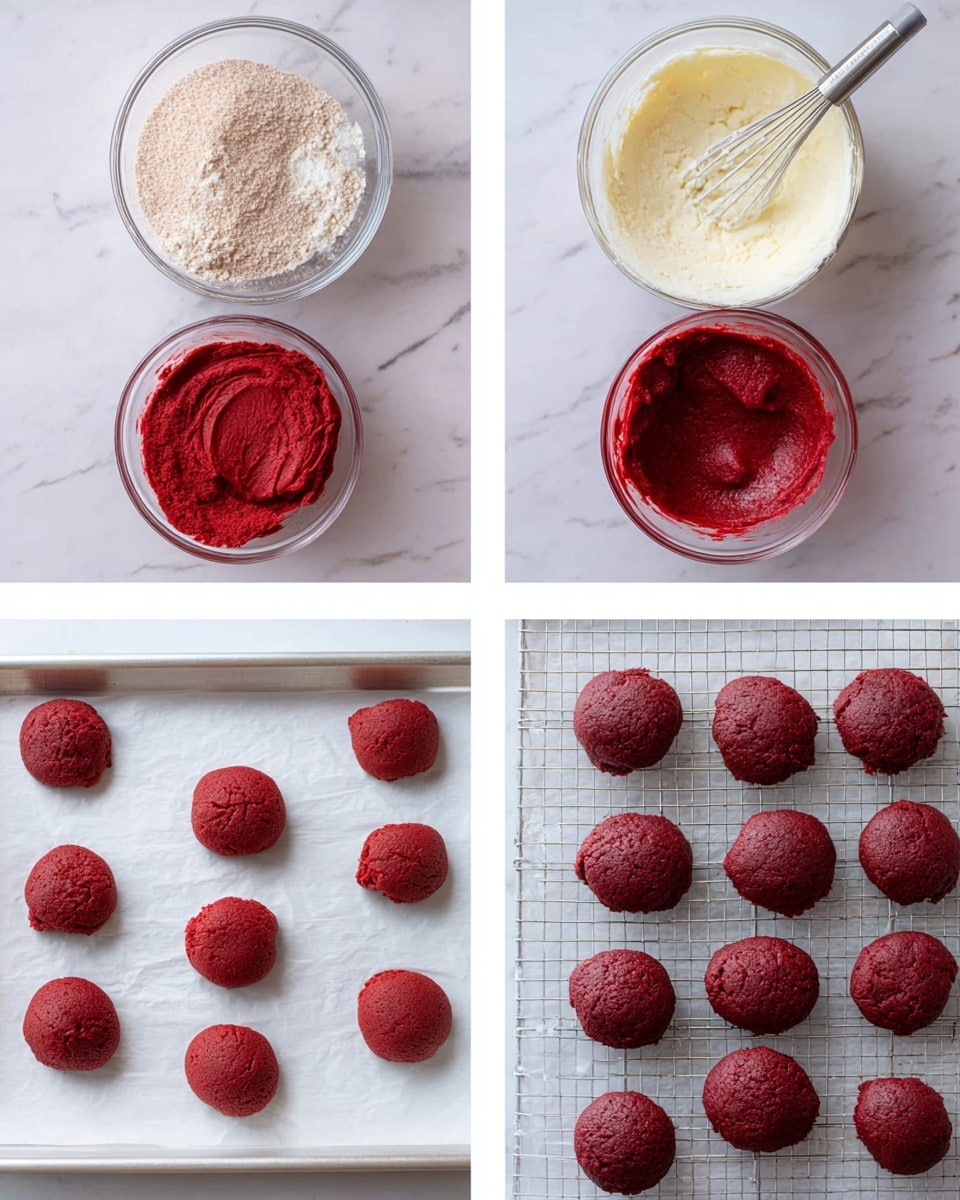 The image shows a six-step process of making red velvet cookies on a white marbled surface. The top left bowl contains a light brown powdery dry mix with a whisk inside, while the top right bowl has a creamy white mixture with granules. The middle left bowl holds a bright red smooth wet mixture, and the middle right bowl shows the combined red dough with a thicker, dense texture. The bottom left part shows small red dough balls placed on white parchment paper on a baking sheet, ready to bake. The bottom right displays the baked cookies, rounded and puffed, cooling on a white parchment-lined wire rack, with a deep red color and slightly cracked tops. Photo taken with an iphone --ar 4:5 --v 7