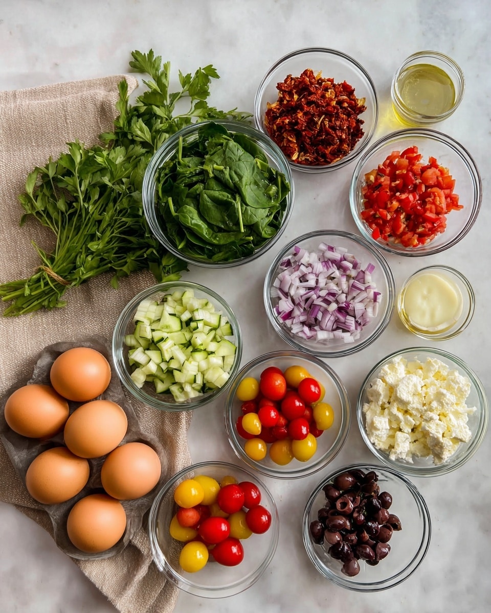 The image shows twelve brown eggs placed on a beige cloth on the left side, surrounded by fresh green herbs like parsley and basil. To the right, ten clear glass bowls are arranged, each containing different ingredients: one bowl of bright green spinach, a small bowl with red sun-dried tomatoes, a bowl of chopped red bell peppers, a bowl of diced light green zucchini, a bowl filled with chopped purple onions, one bowl with mixed small cherry tomatoes in red and yellow, a bowl with dark sliced olives, a bowl with crumbly white cheese, a small bowl of minced garlic, and a small bowl of light yellow liquid, likely oil. All the items are set on a white marbled surface. photo taken with an iphone --ar 4:5 --v 7