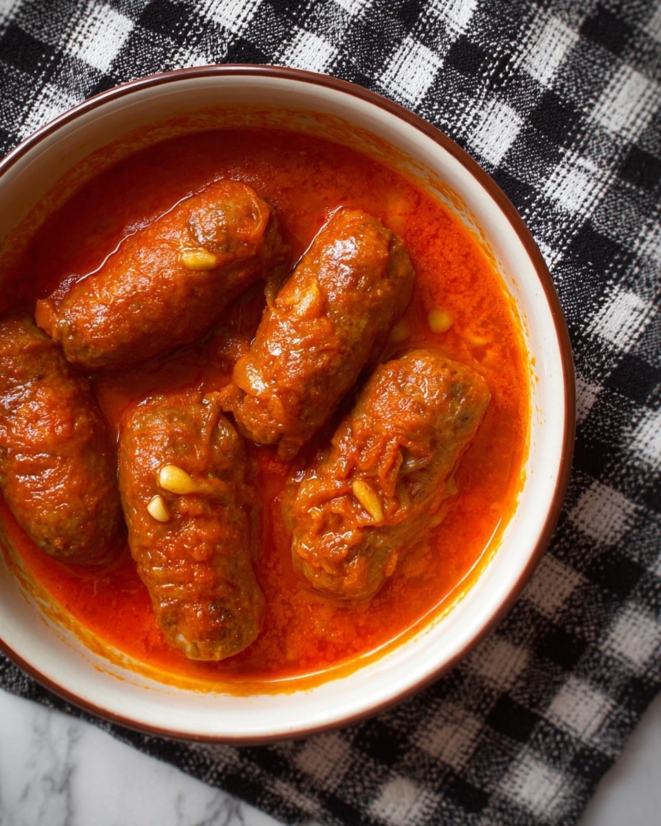 A round white ceramic bowl holds six sausage-shaped meat rolls covered in a thick, bright orange-red sauce with small pieces of garlic visible on top; the sauce has an oily sheen and smooth texture, filling the bowl around the rolls. The bowl is placed on a white marbled surface partially covered by a black and white checkered cloth. Photo taken with an iphone --ar 4:5 --v 7